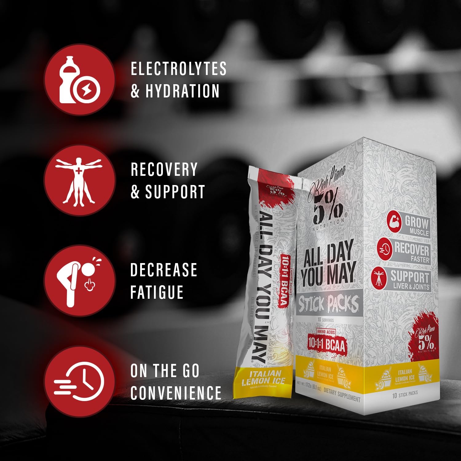 5% Nutrition Rich Piana AllDayYouMay BCAA Powder Stick Packs | Premium Intra …