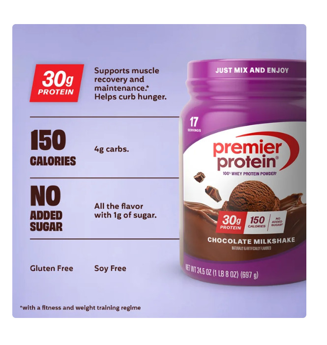 Premier Protein 100% Whey Protein Powder, Chocolate Milkshake, 30g Protein, 24.5