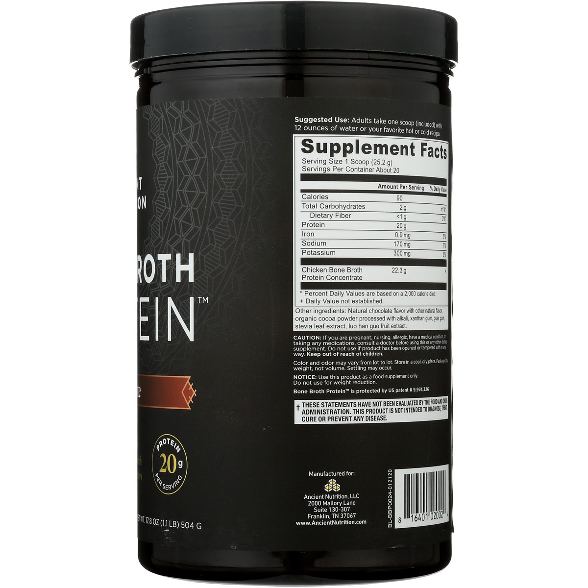 Ancient Nutrition Chocolate Bone Broth Protein Powder 17.8 Oz 20 G 1 Pack