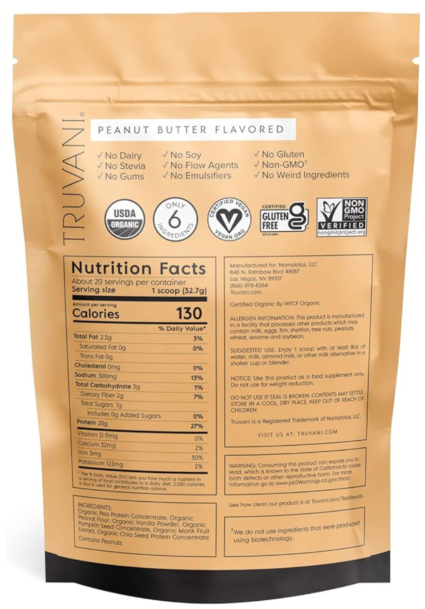 Truvani Plant Based Organic Protein Powder Peanut Butter 1.44 lbs New FRESH