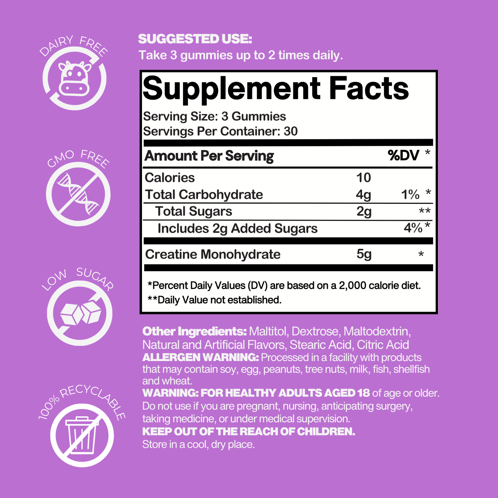 Creatine Monohydrate Gummies 5G Individually Wrapped – Grape Burst, 30 Serves