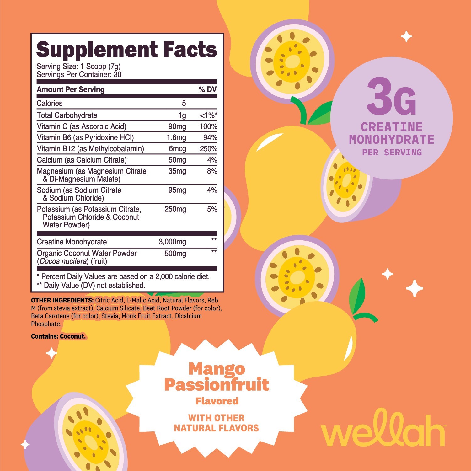 Wellah Creatine + Hydration Powder (Mango Passionfruit) 30 Servings – Drink Mix