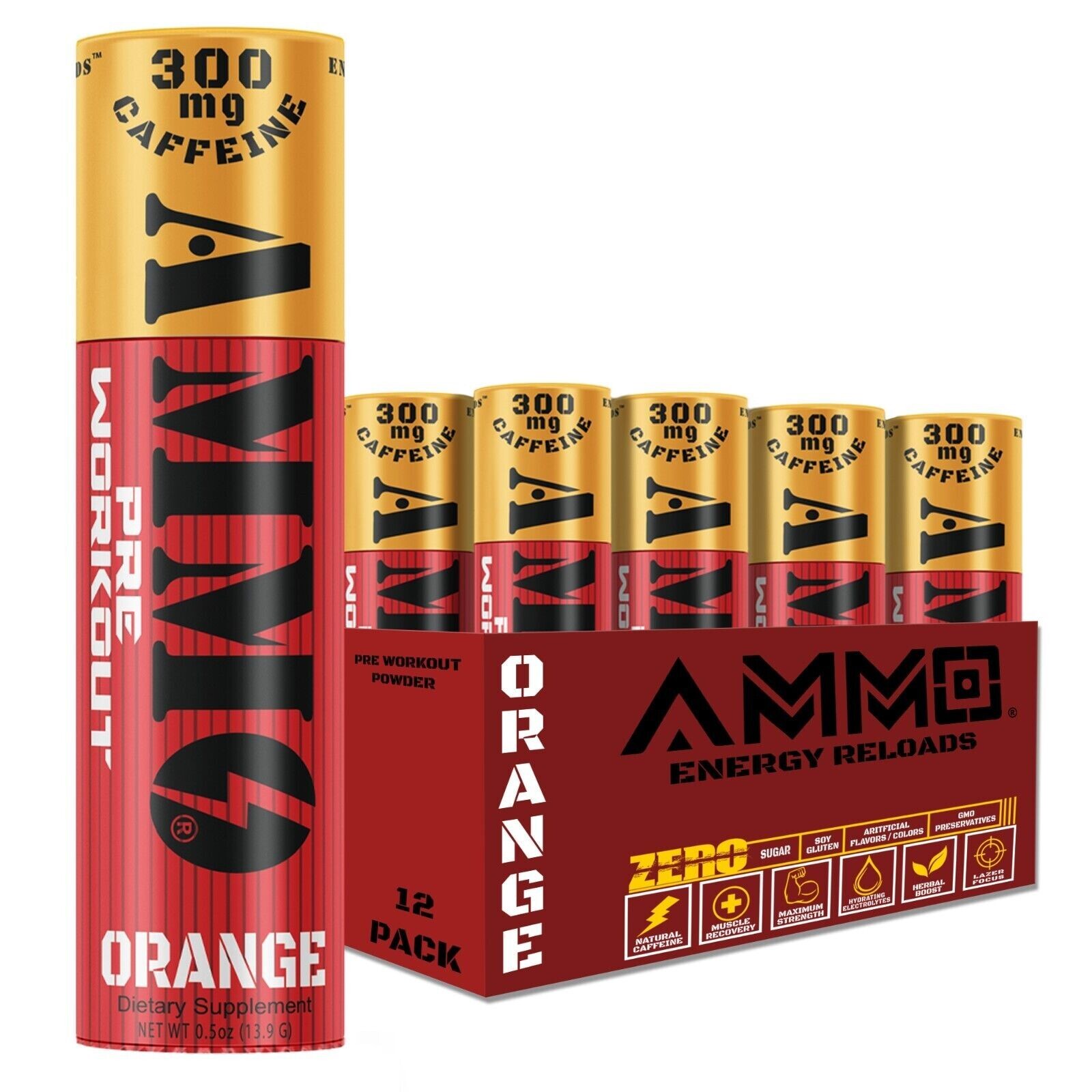 AmmoShots Energy drink powder 12ct Single Shots Orange Zero Sugar ALL Natural