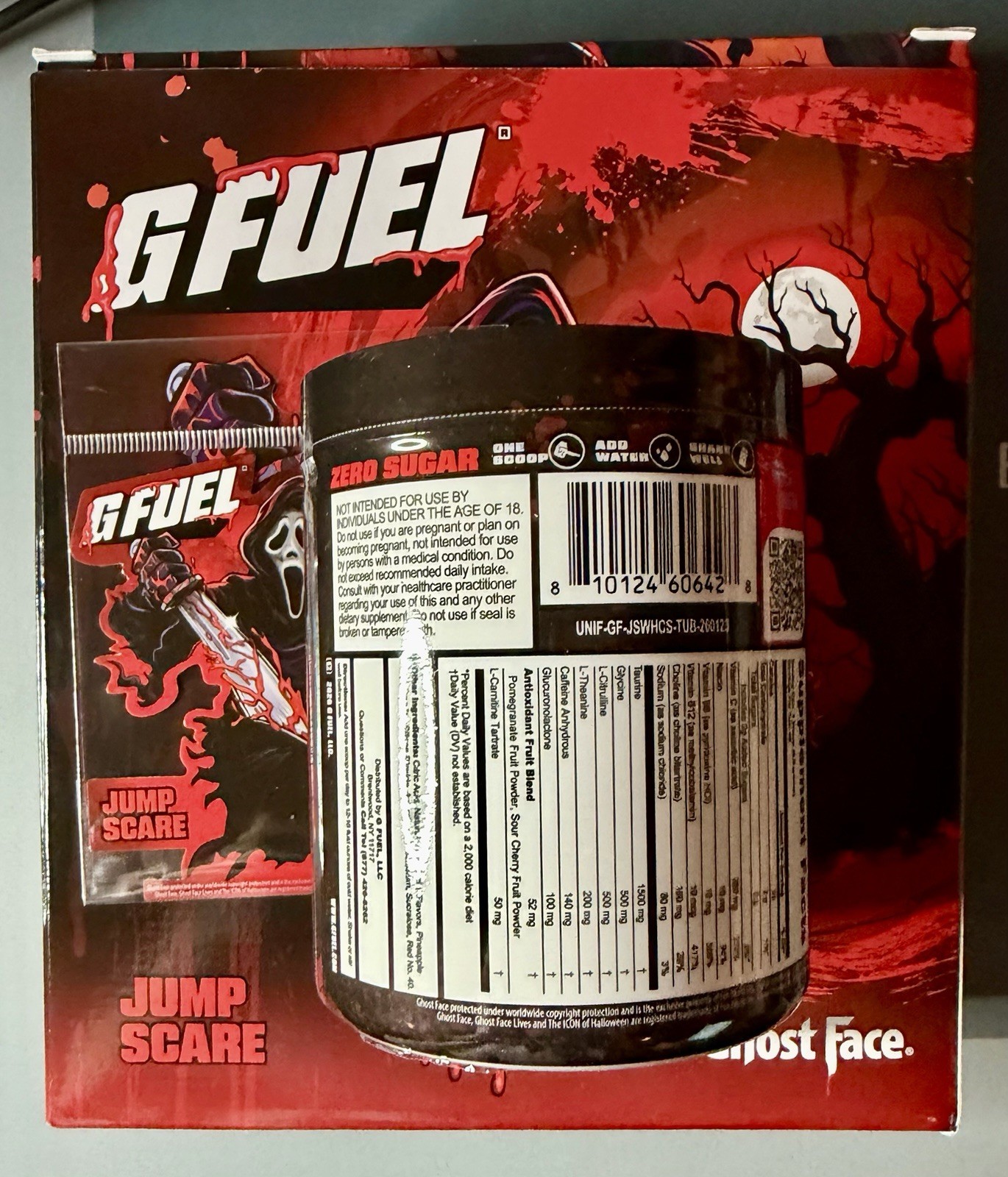 G Fuel Scream Ghost Face Jump Scare Collector’s Box,Tub, & Sticker