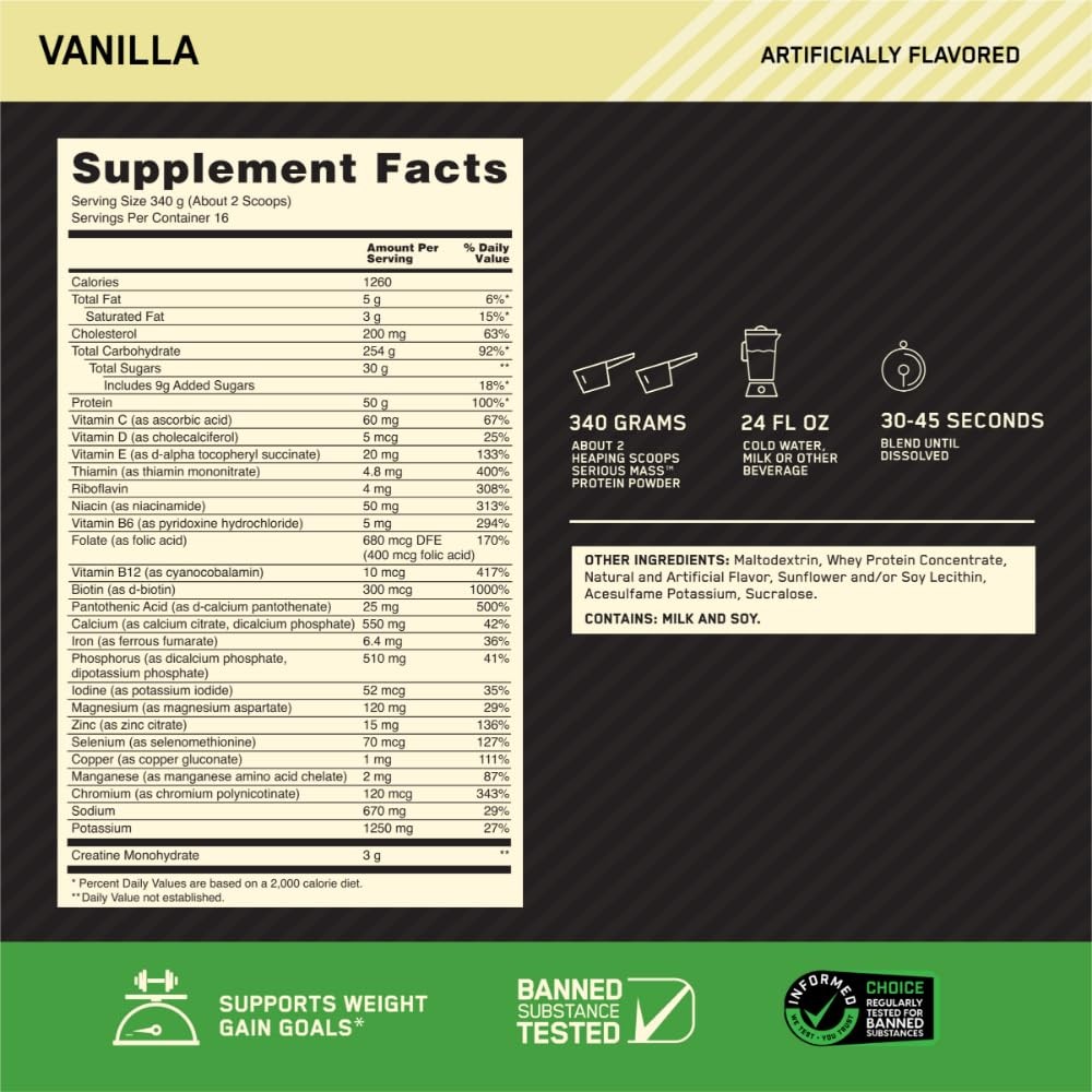 Weight Gainer Protein Powder Vanilla 12 Pound Serious Mass Optimum Nutrition