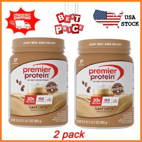 2 pack Premier Protein 100% Whey Protein Powder Café Latte, 30g Protein, 23.9 oz