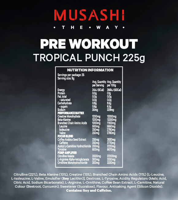 New Musashi Pre Workout Tropical Punch 225g PreWorkout 25 Serves