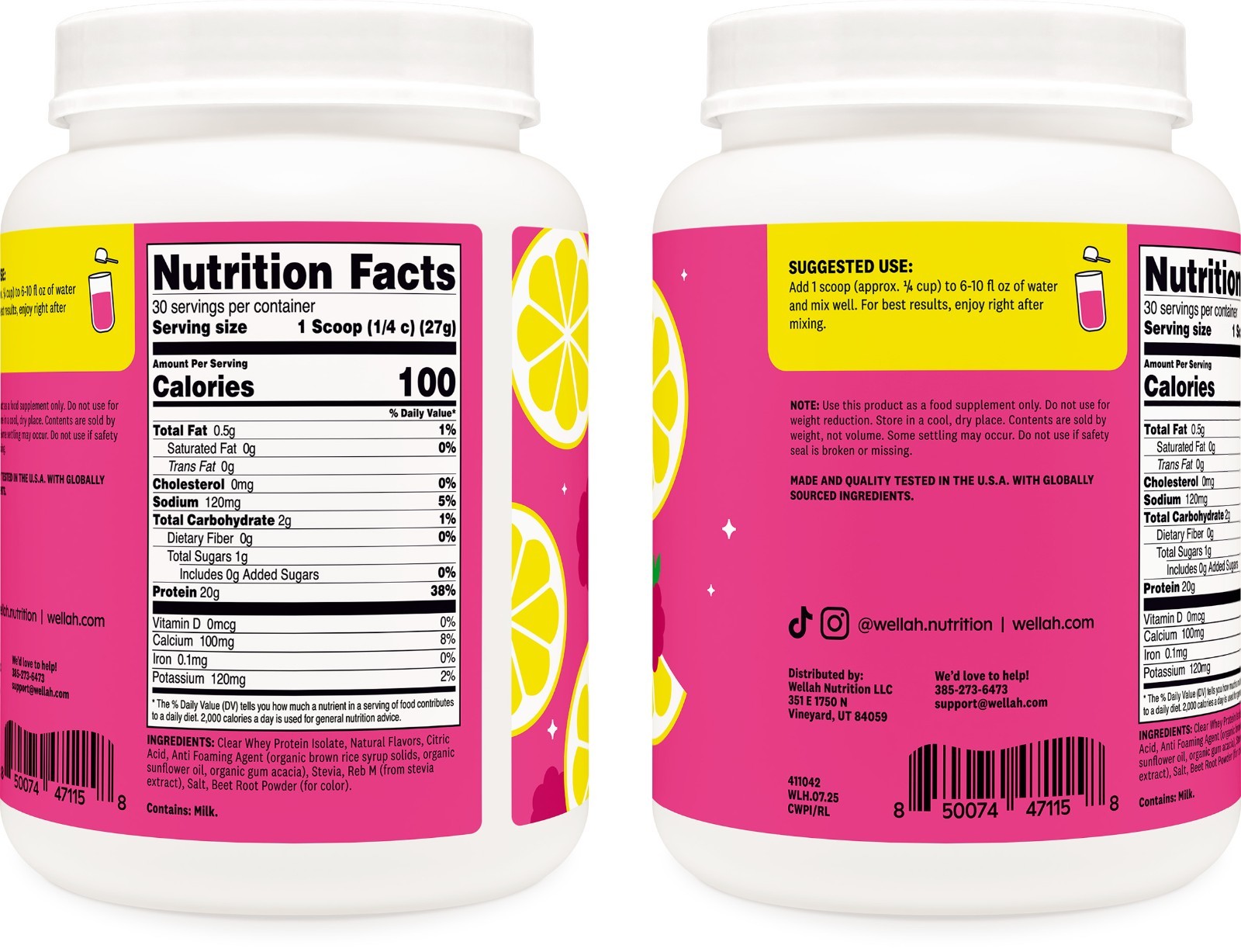 Wellah Clear Whey Protein Isolate Powder (Raspberry Lemonade) 30 Servings