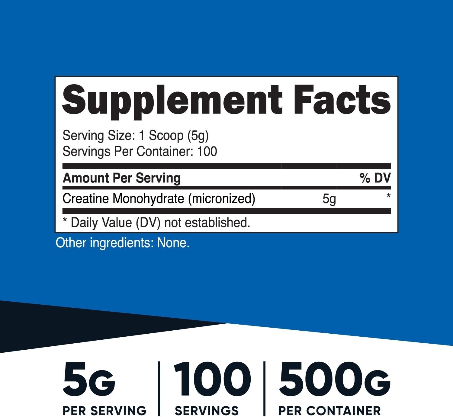 Monohidrato de creatina en polvo micronizado, 500 g, 5000 mg por servicio (5 g)