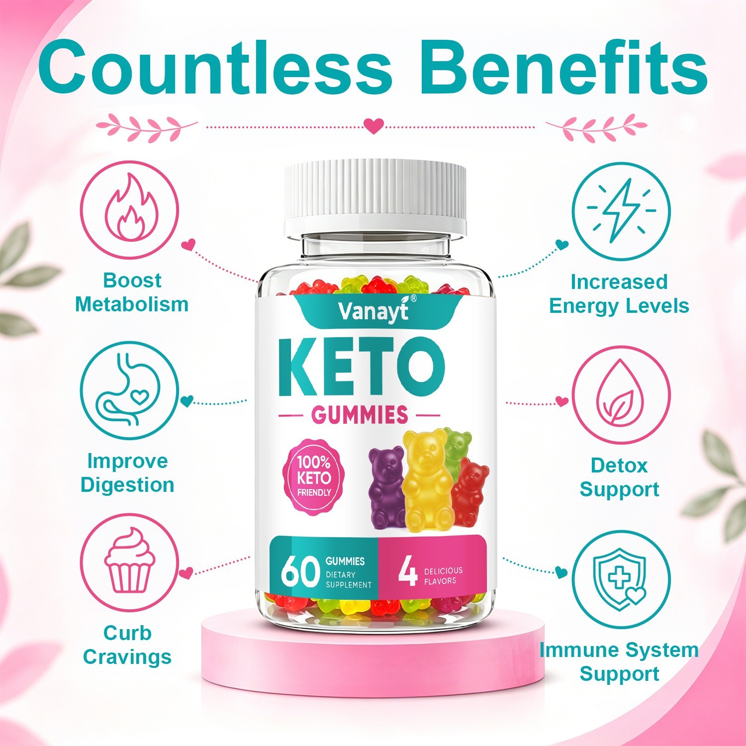 Keto ACV Gummies 60 Ct Apple Cider Vinegar Dietary Supplement for Keto Support