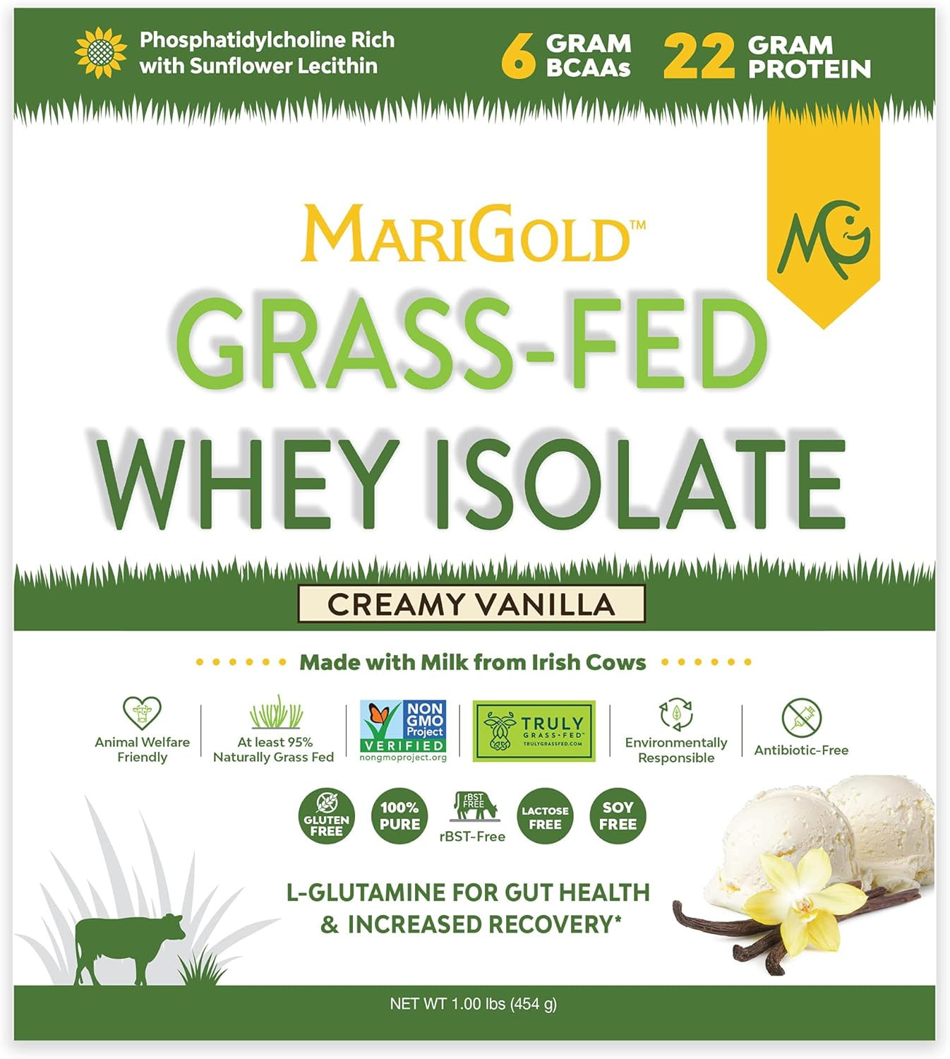 Grass-Fed Whey Protein Isolate Powder – Creamy Vanilla Flavor – 1 Lb Bag | 100%