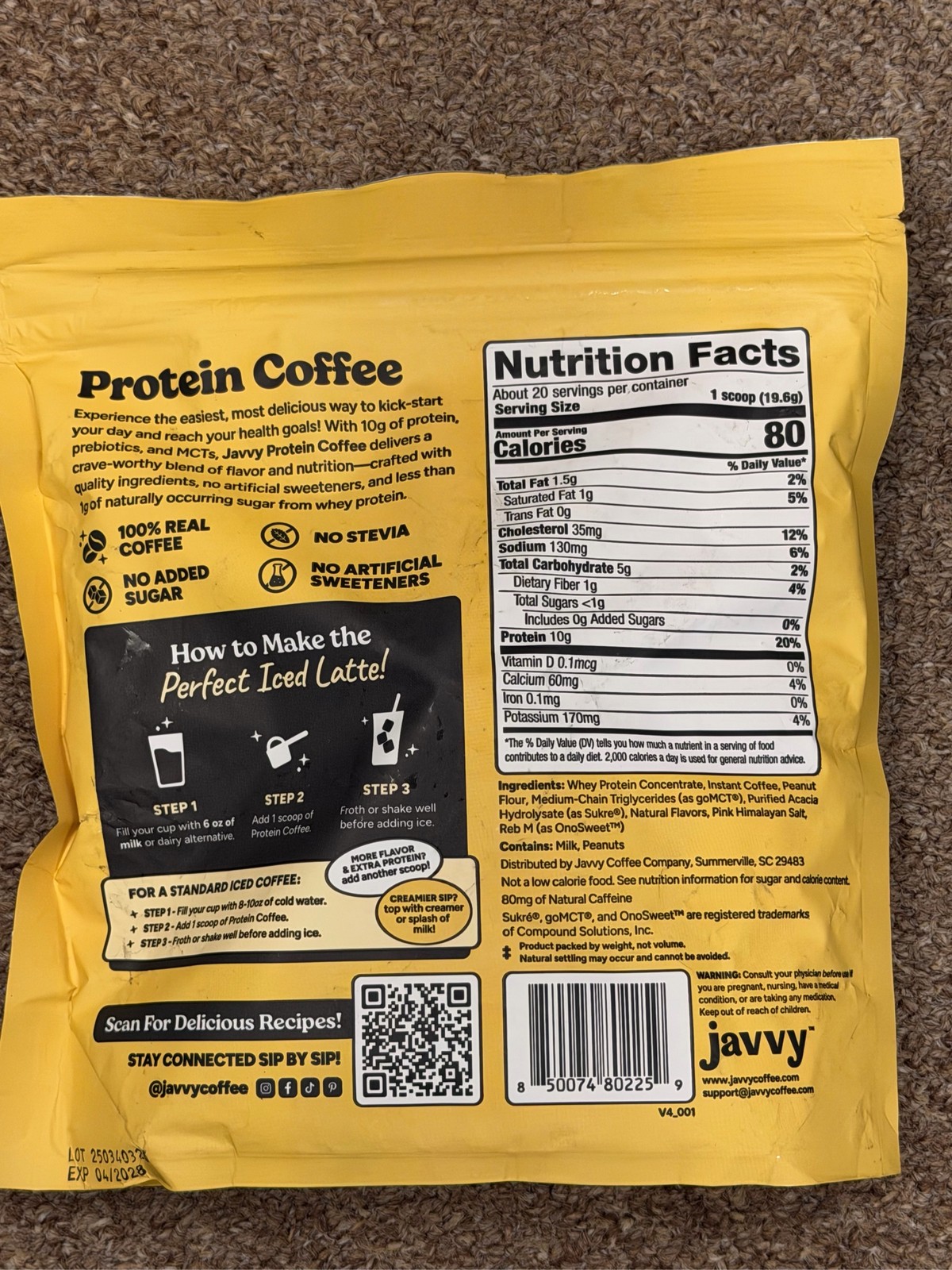 Javvy Protein Coffee Chocolate Peanut Butter 13.8 oz exp 4/2028