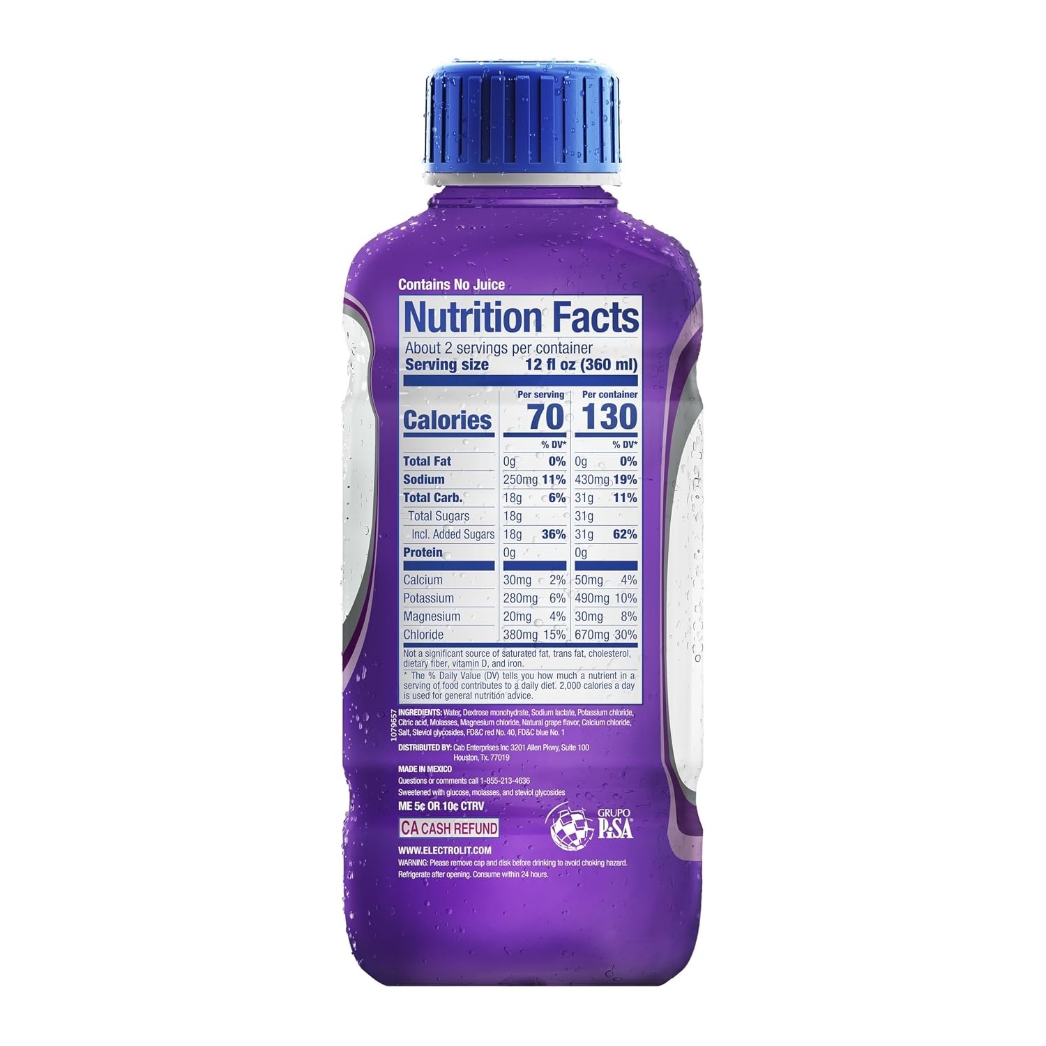 Electrolit, Electrolyte Beverage, Grape, 21 Fl Oz Bottle (Pack of 12)