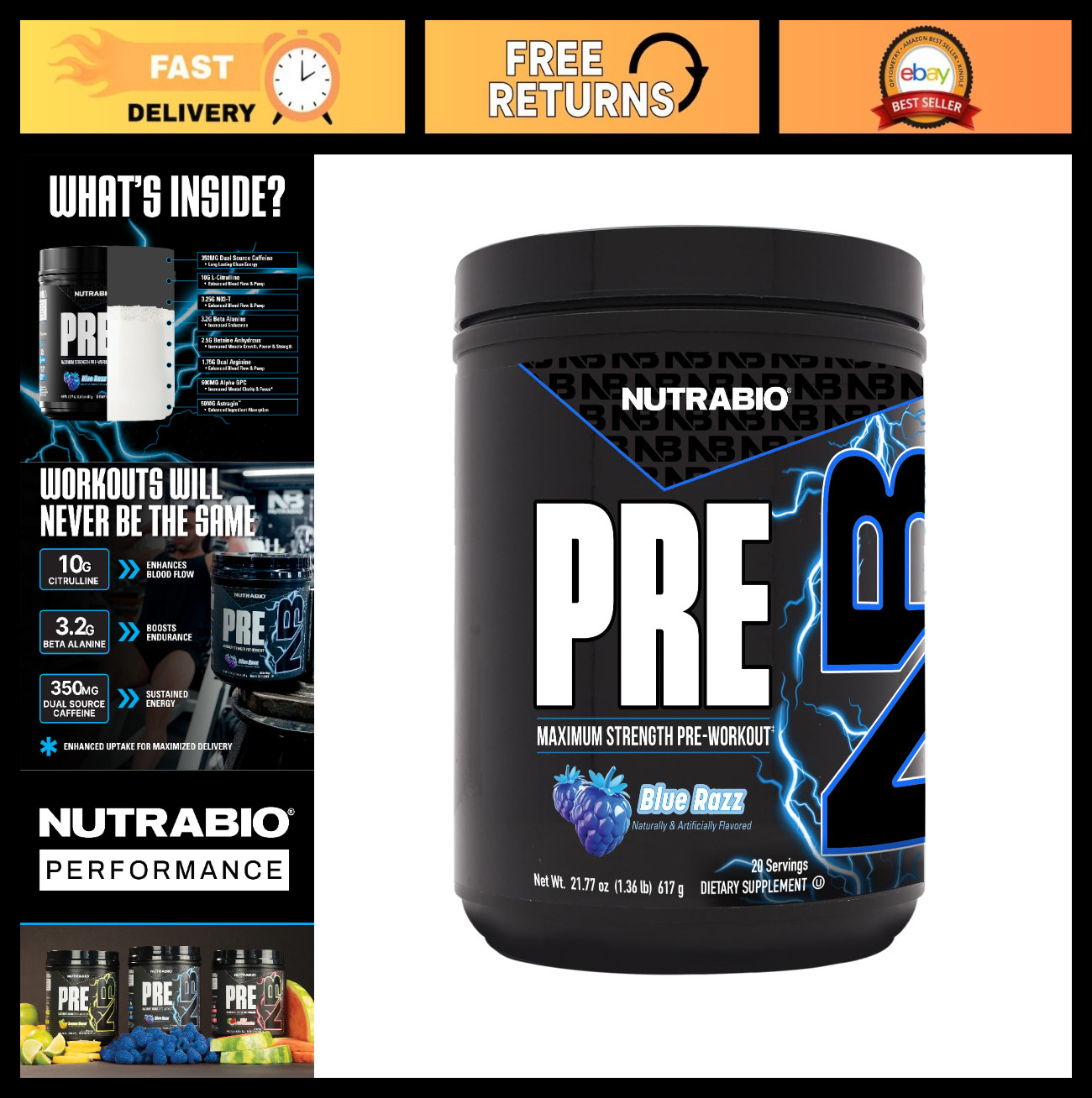 Explosive Blue Razz Pre-Workout Powder | Energy, Focus, Endurance, Pumps | Caffe