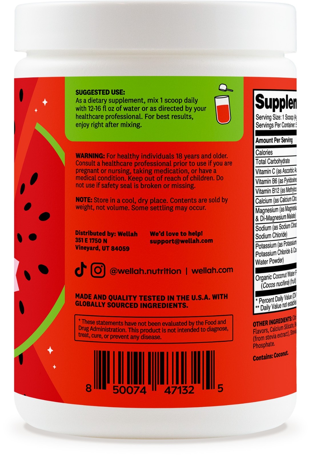 Wellah Electrolytes Powder (Watermelon) 50 Servings – Hydration Drink Mix