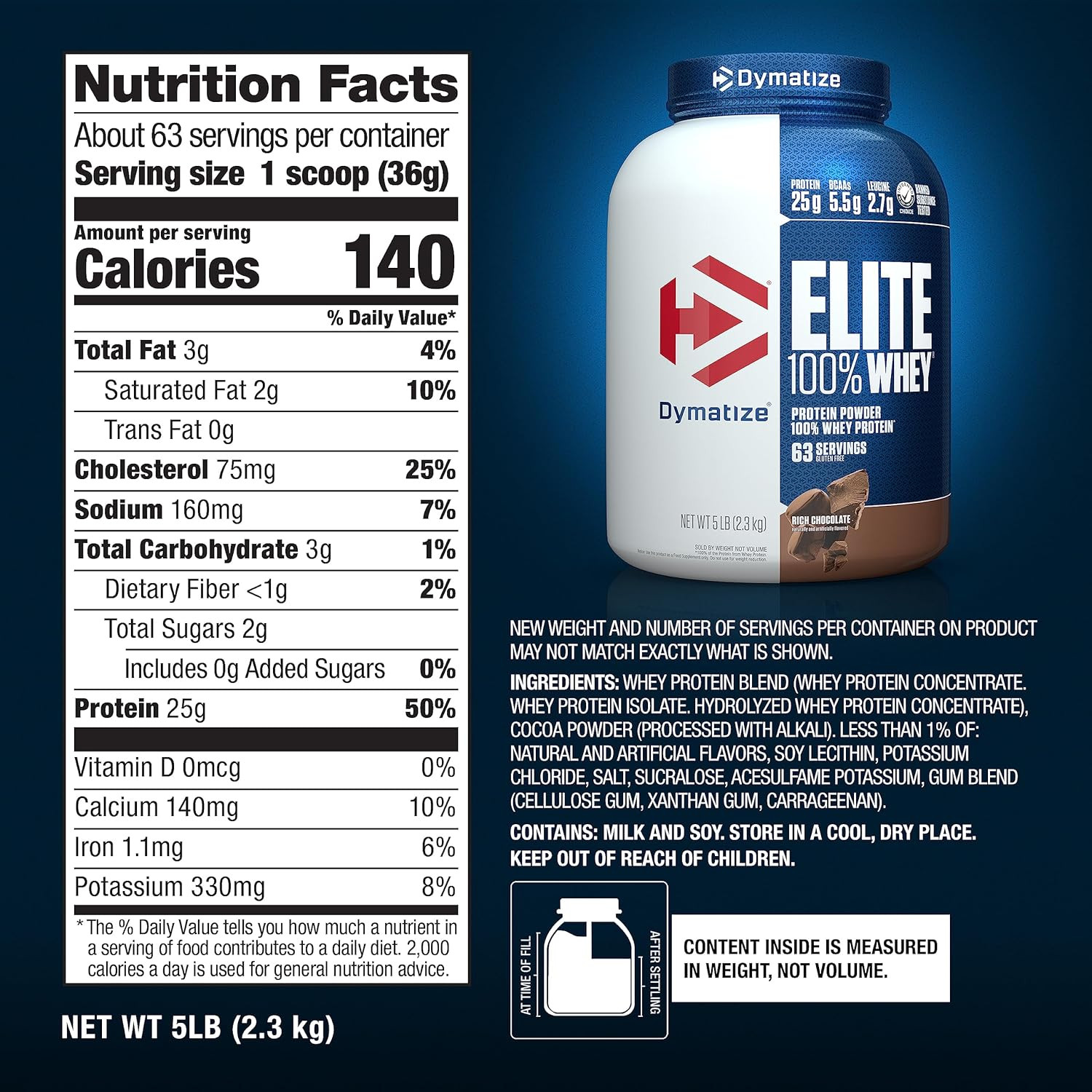 Elite 100% Whey Protein Powder, 25G Protein, 5.5G Bcaas & 2.7 L-Leucine, Quic…