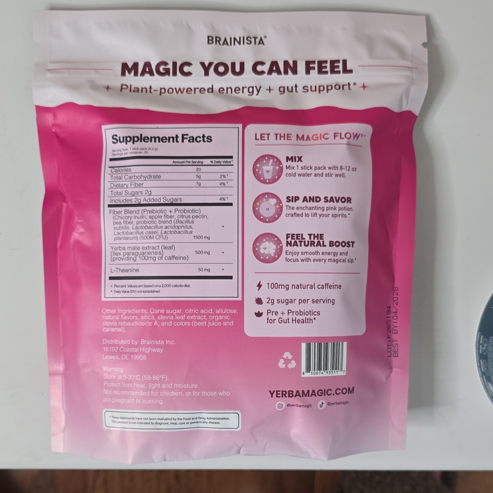 Yerba Magic Pink Potion Energy Drink Mix Pre/Probiotics 20 Sticks 4.37 oz