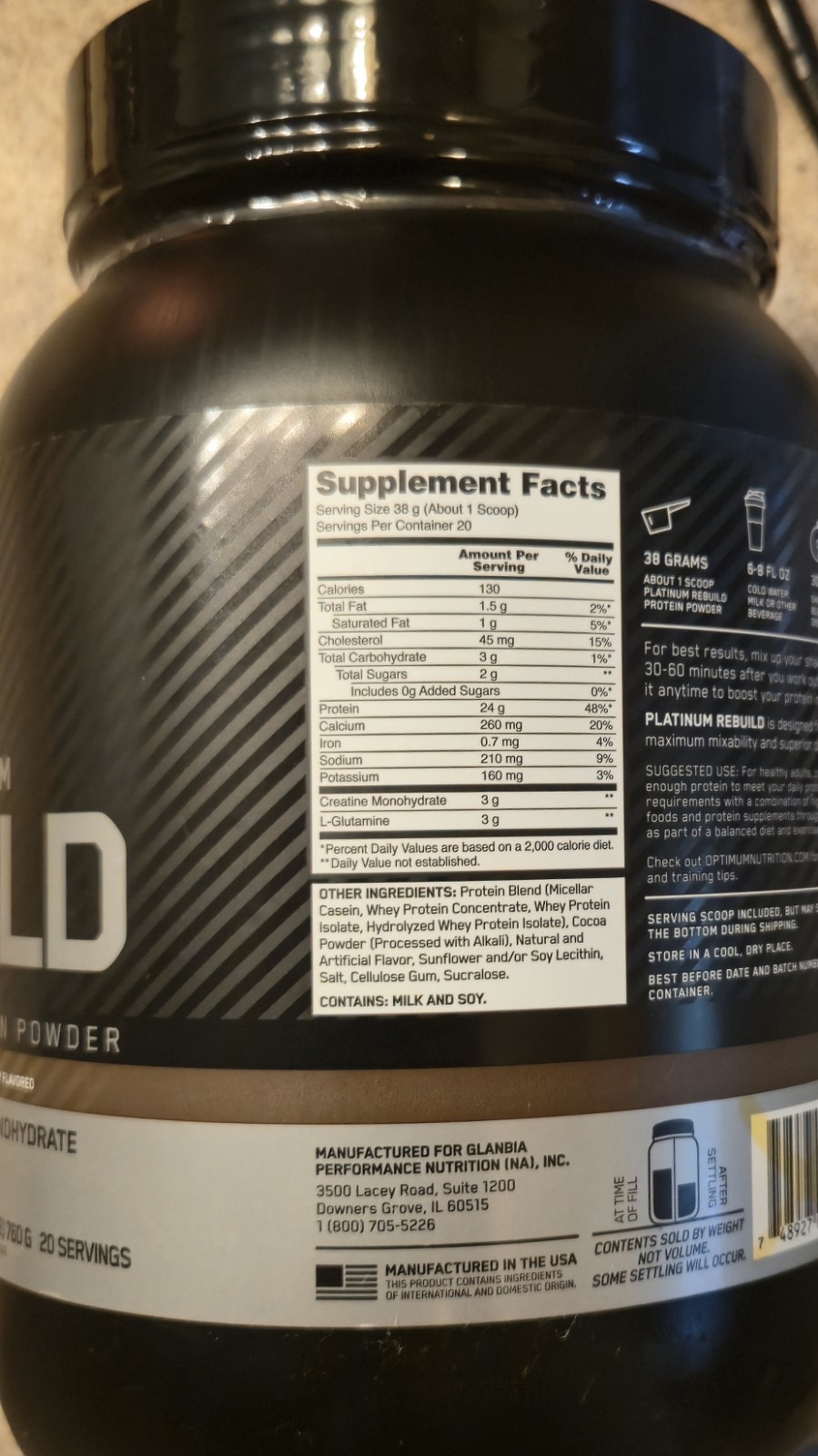 O.N. Platinum REBUILD PROTEIN W/ Crea 1.7 lbs (20 Serv) Dark Chocolate BY 12/26