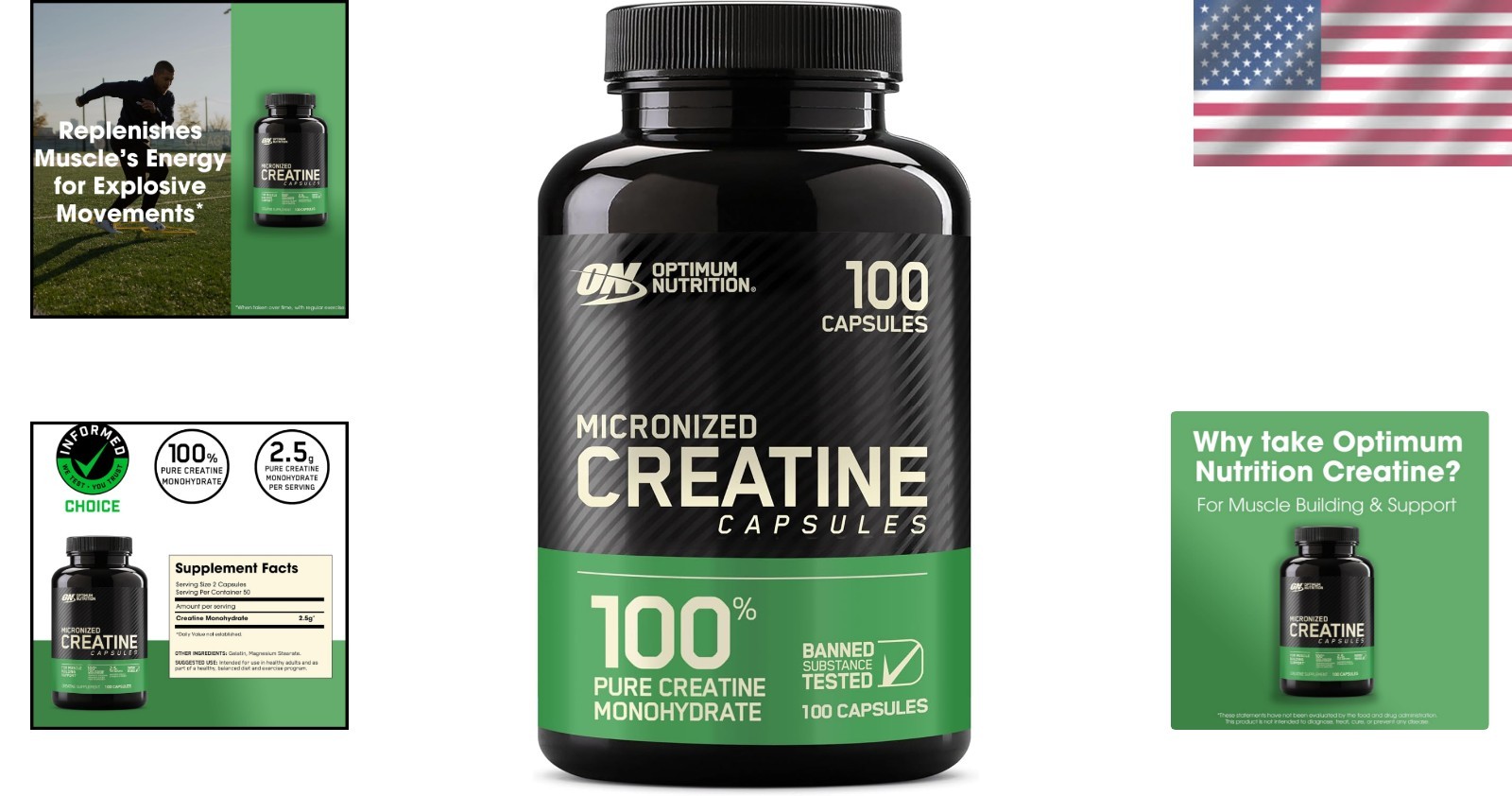 Pure Creatine Monohydrate Capsules by Optimum Nutrition – 100 Easy Swallow Pills