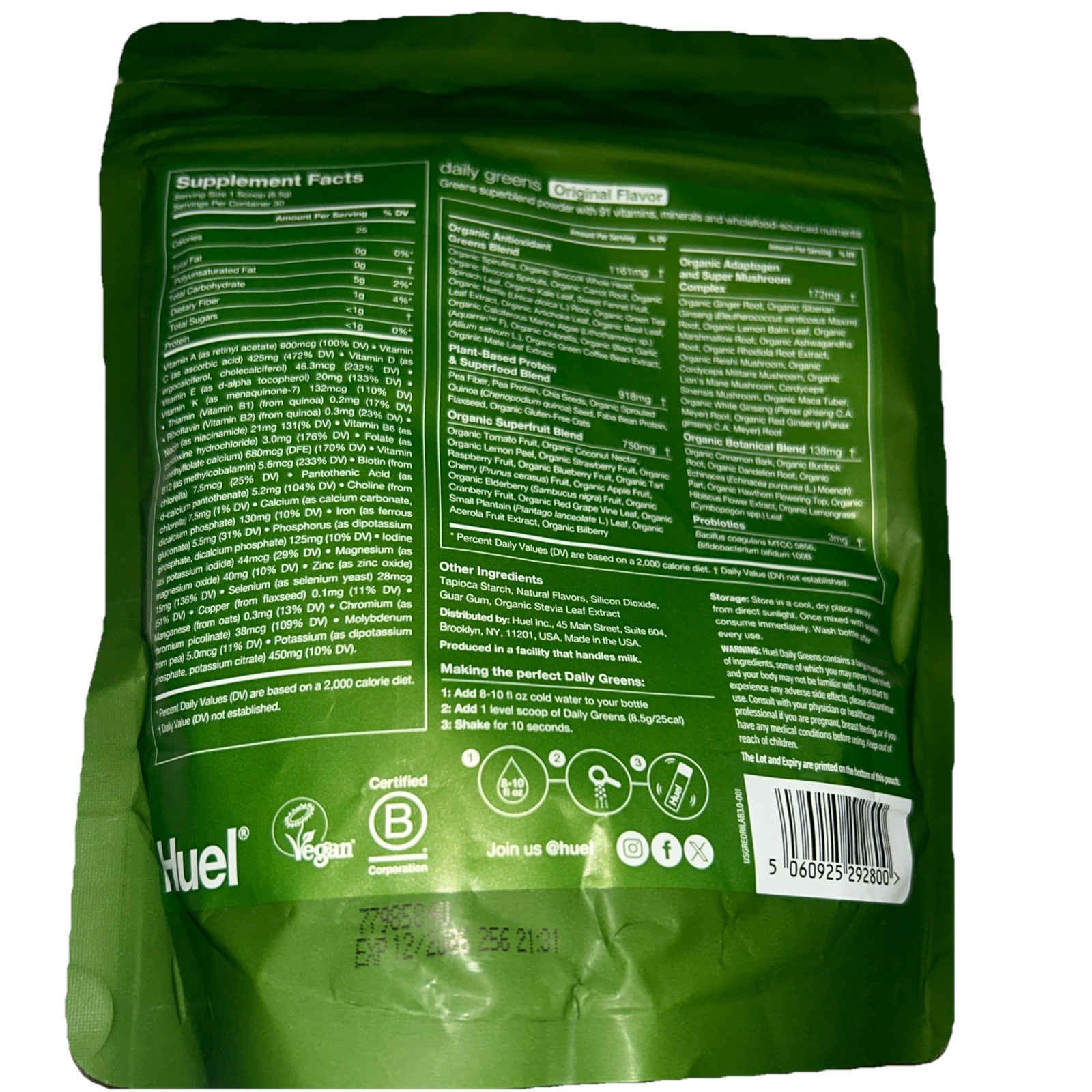 HUEL DAILY GREENS SUPERFOOD Powder 9 oz ( 30 Servings ) Original Flavor BY 12/26