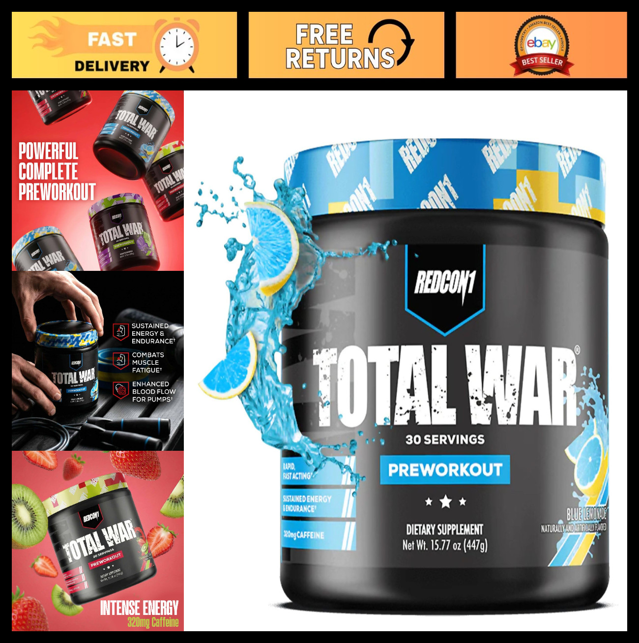 Total War Pre Workout Powder – Blue Lemonade Flavor, 320mg Caffeine, Citrulline