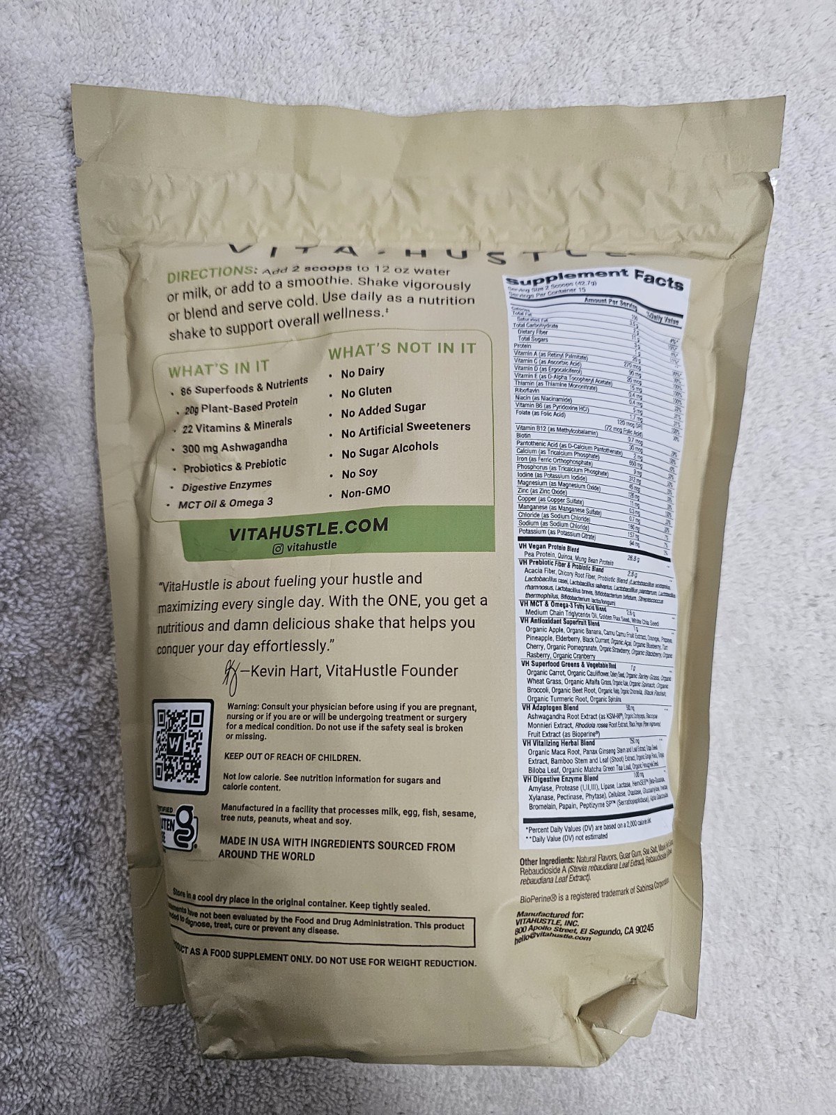 Vita Hustle ONE Superfood Protein Vanilla Vegan Gluten-Free 22.59oz 15 Sv Ex2/27