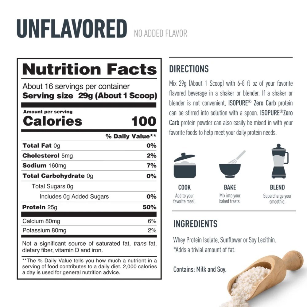 Unflavored Whey Protein Isolate Powder 25g per Serving 100% Pure Zero Carb 16