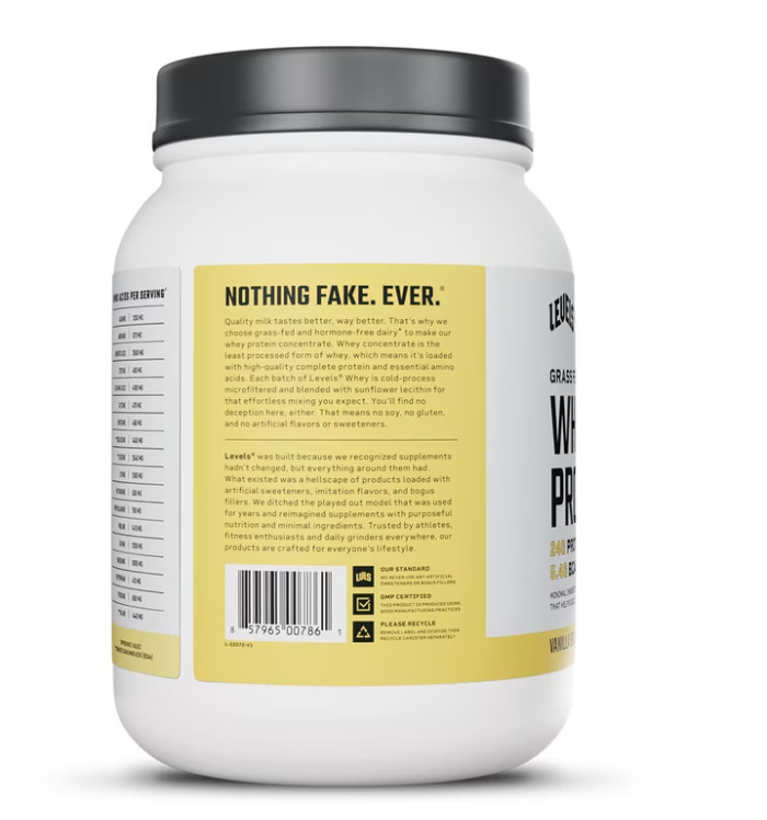 Levels Grass Fed Whey Protein Vanilla Bean 1.48lb 24g Protein