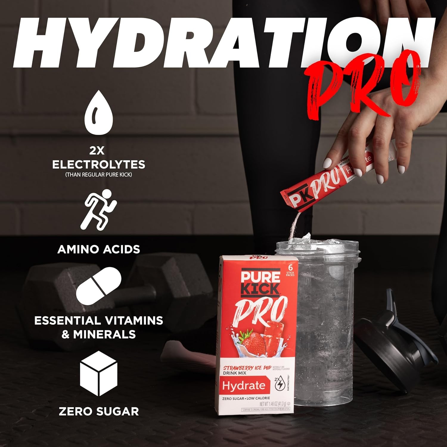 PURE KICK PRO Hydration Electrolyte Drink Mix, Strawberry Ice Pop, Includes 1 Bo