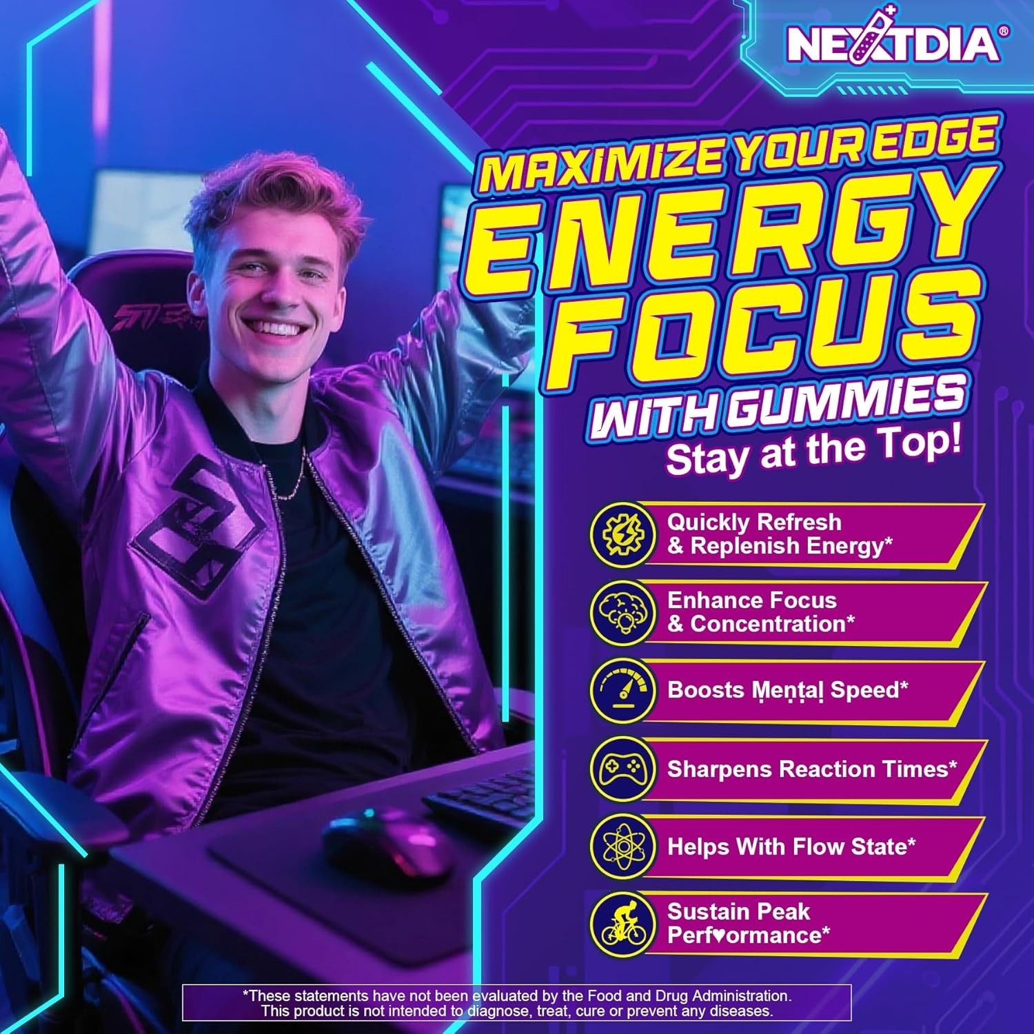 Energy & Focus Gummies with 100mg Caffeine Anhydrous for Gamers, Workers, etc