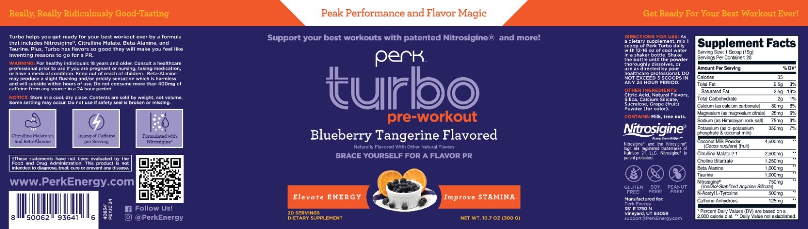 Perk Turbo Pre-Workout Powder (Blueberry Tangerine Flavored) 20 Servings