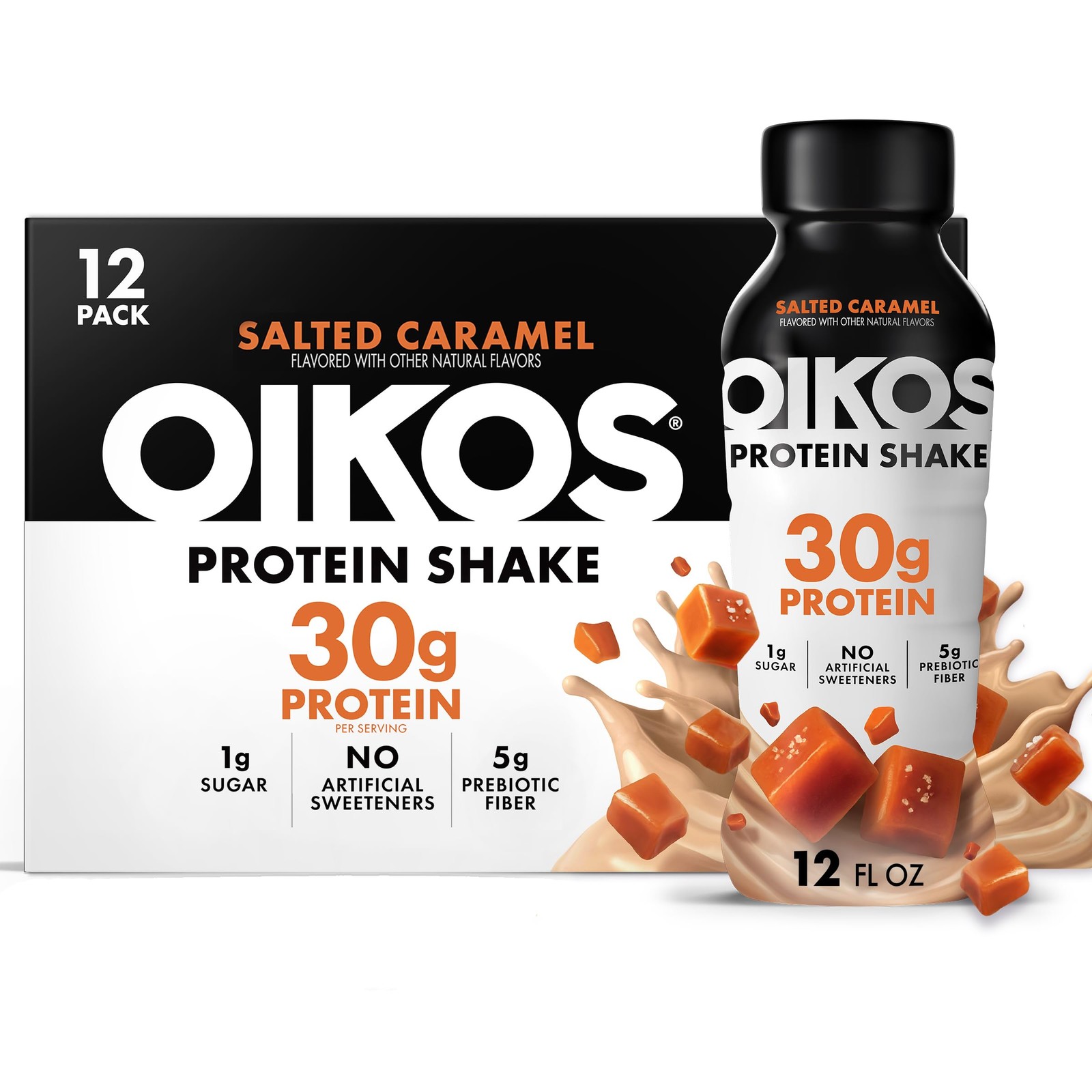Oikos Protein Shake, Salted Caramel, 30g High 12 Fl Oz (Pack of 12)