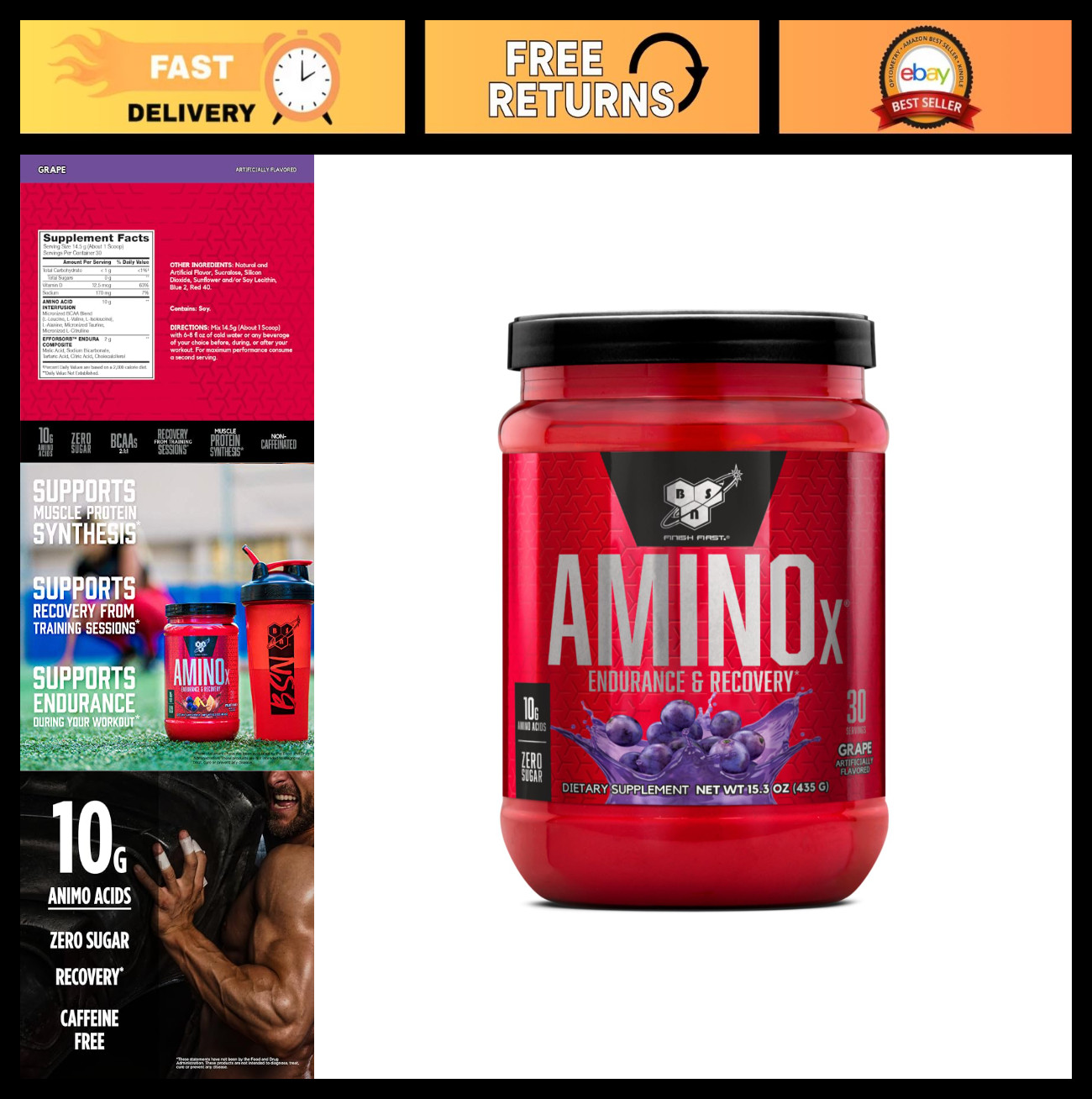 Amino X Muscle Recovery Powder – BCAAs, 10g Amino Acids, Keto, Zero Sugar, Grape