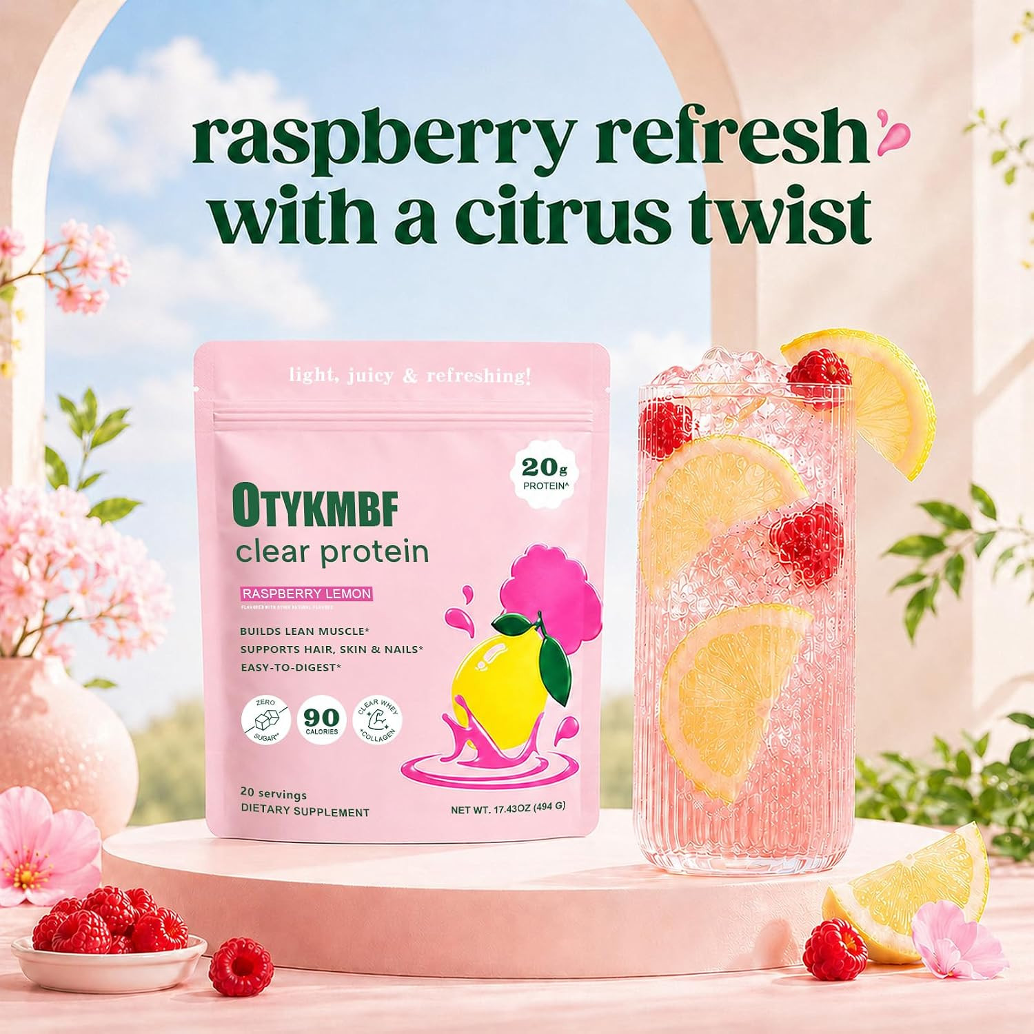 Clear Protein Powder 494G, Raspberry Lemon, 20G Protein, Whey Protein Isolate wi