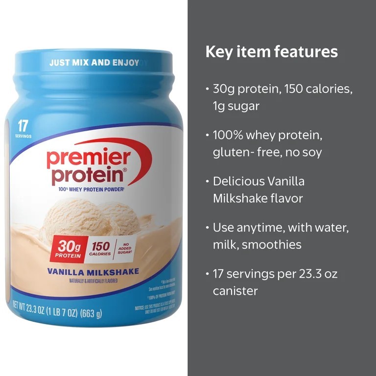 Premier Protein 100% Whey Protein Powder Vanilla Milkshake GF 23.3 oz 17 Serv