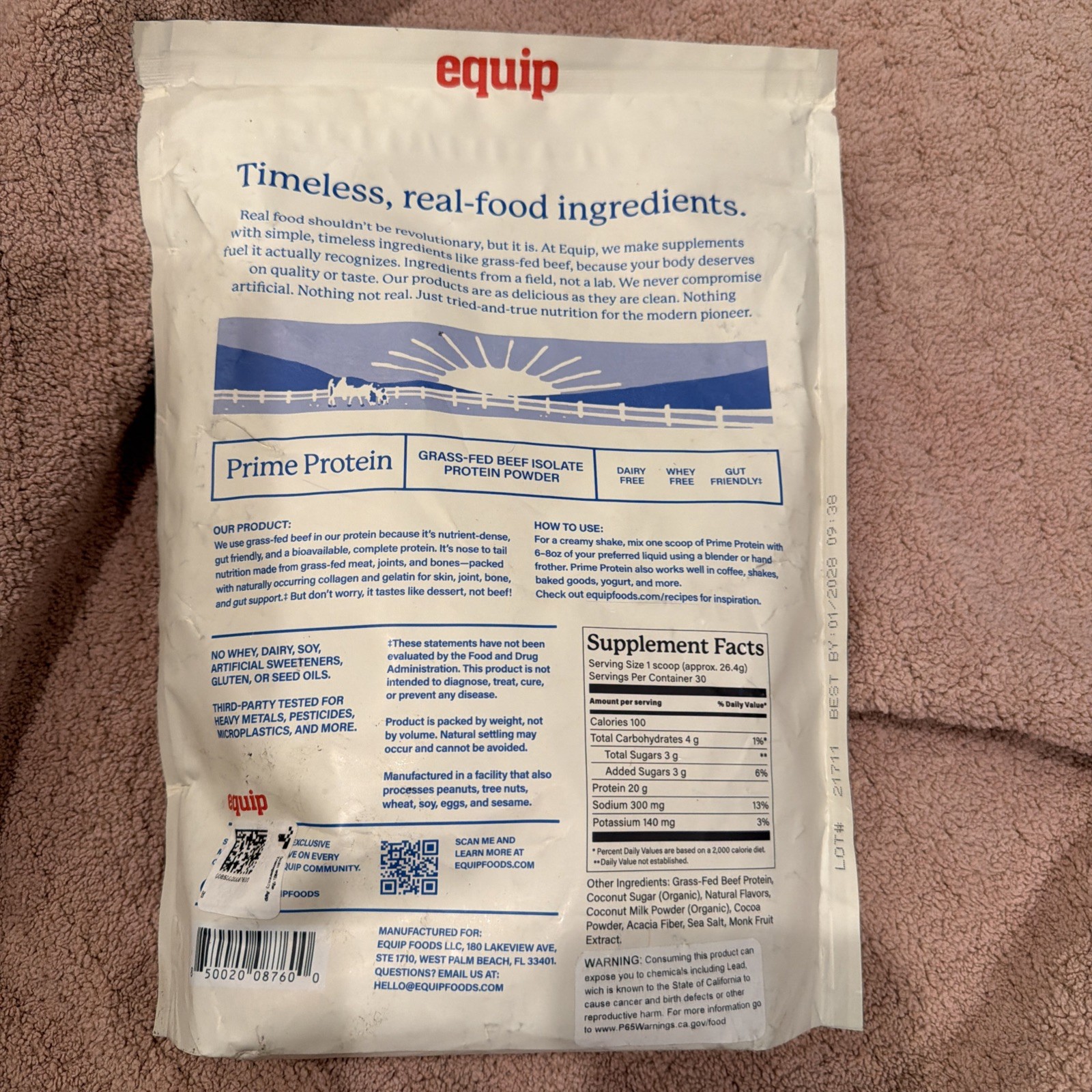 Equip Foods Prime Protein Powder Grass Fed Beef Protein Cookies Cream New 01/28