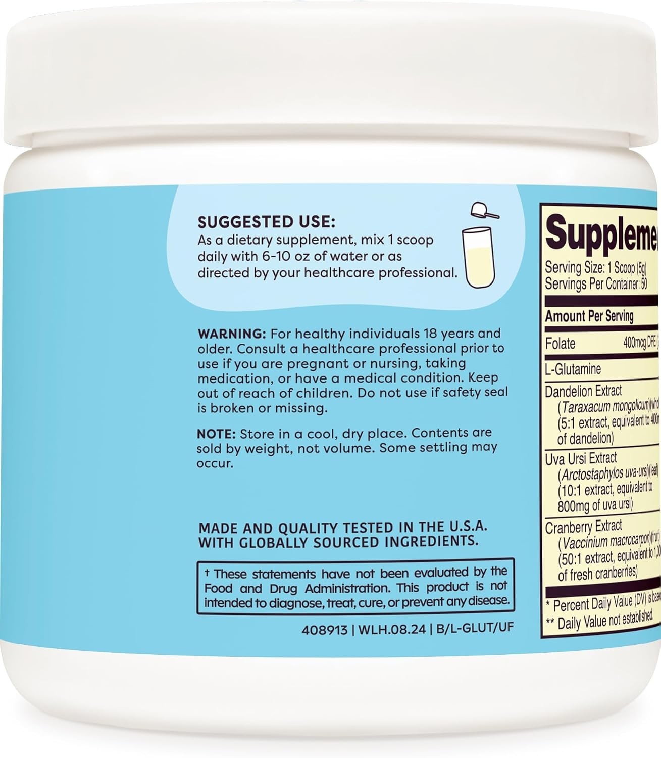 L-Glutamine Powder Unflavored – 50 Servings, 5g Per Serving, Stevia Sweetened