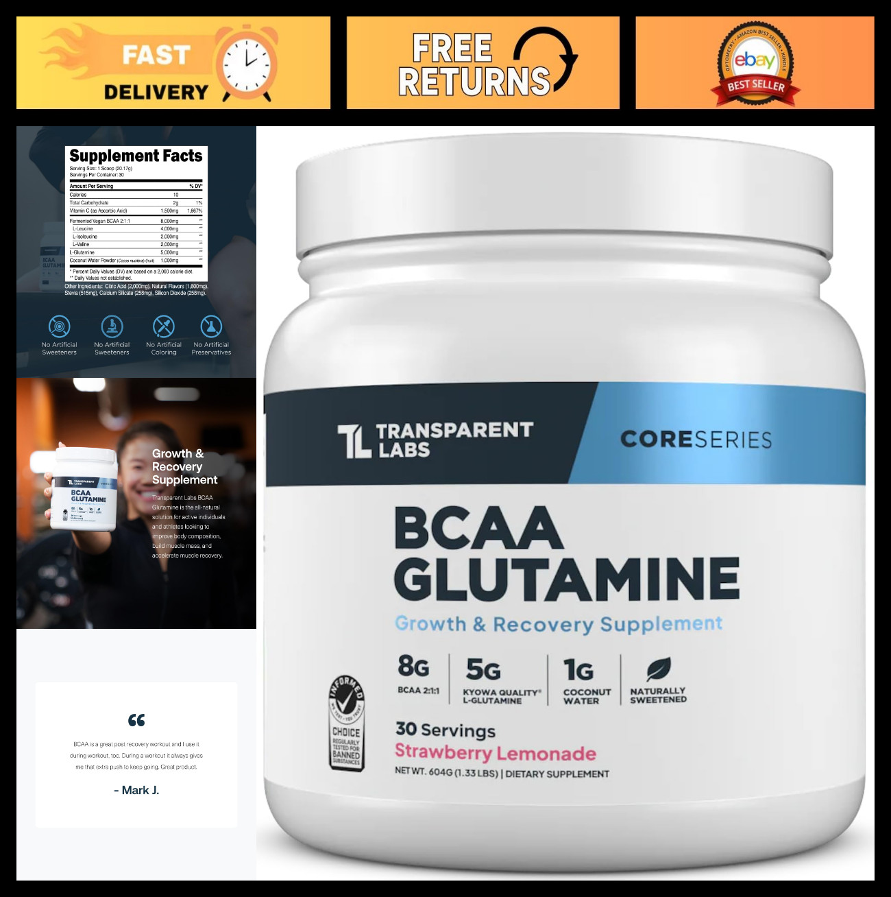 BCAA Glutamine Powder 8000mg – Muscle Recovery, Growth & Endurance – 30 Servings