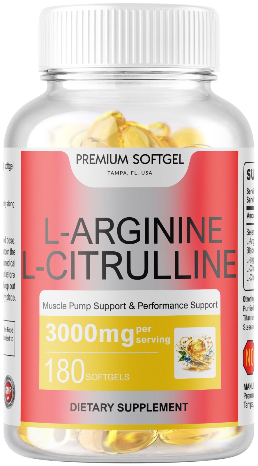 L-Arginine L-Citrulline Nitric Oxide Booster 3000mg 180 Softgels 90 Servings USA