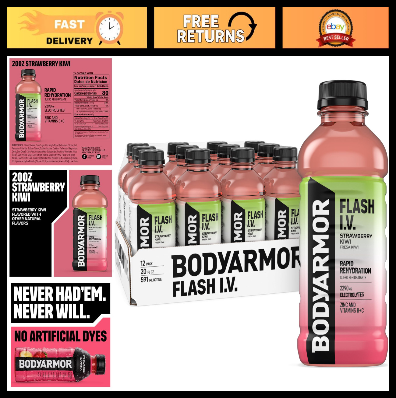 Electrolyte Hydration Drink, Strawberry Kiwi, Coconut Water, 20 Fl Oz, Pack of 1