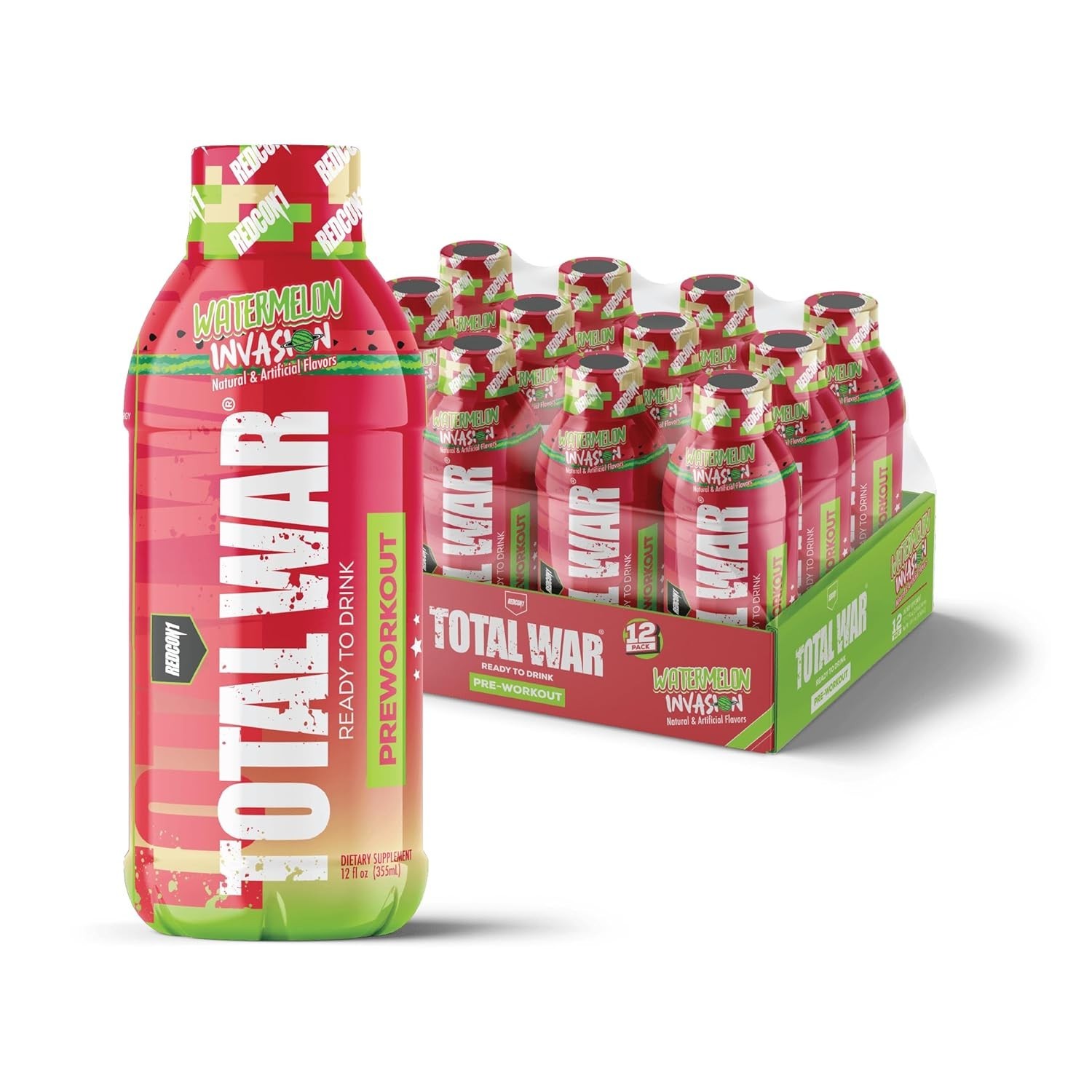 REDCON1 Total War Pre Workout Energy 300mg Caffeine Shots Watermelon 12 PACK