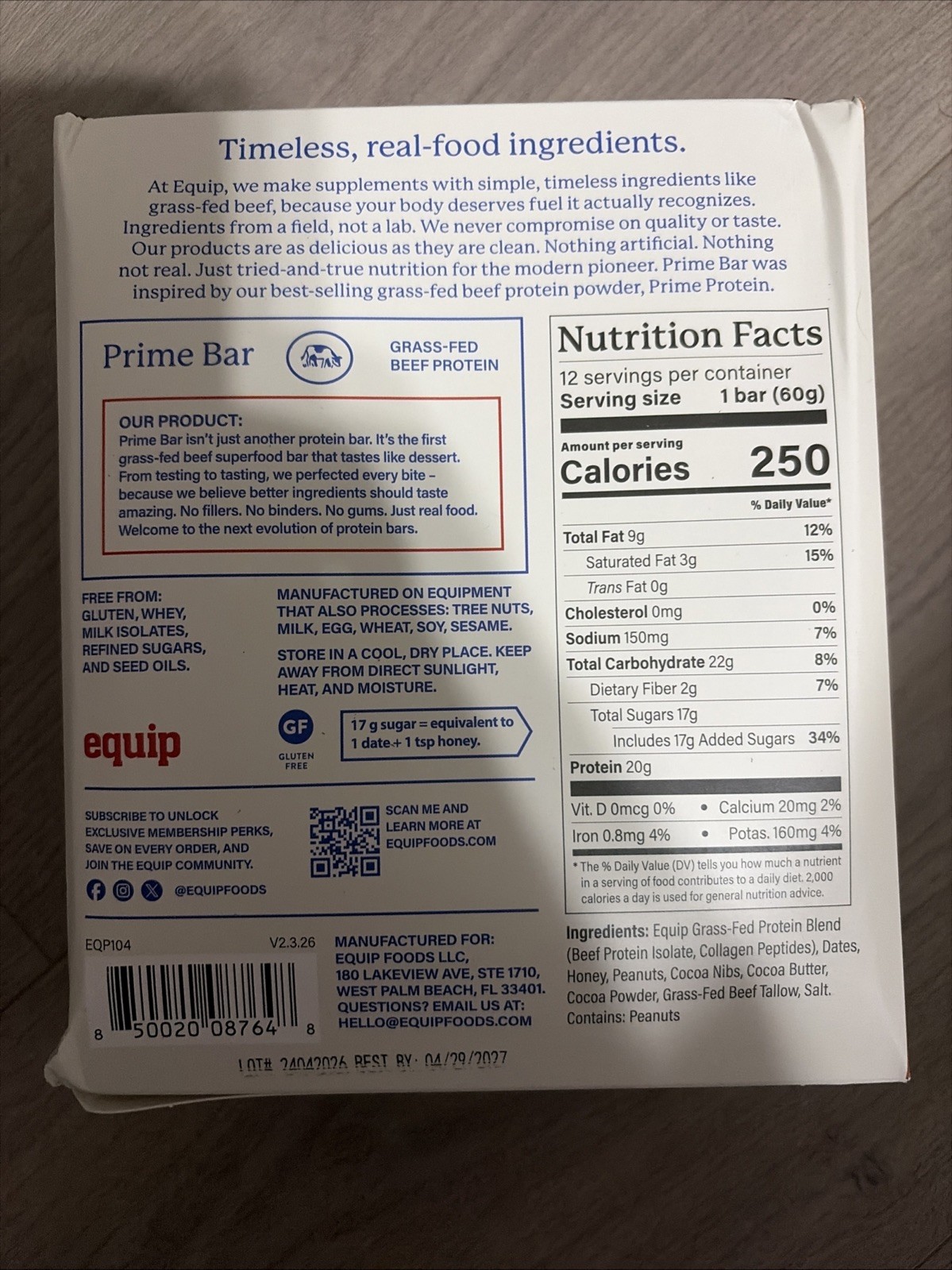 Equip Prime Protein Bars Peanut Butter Chocolate Grass-Fed Beef 12 Pack NEW