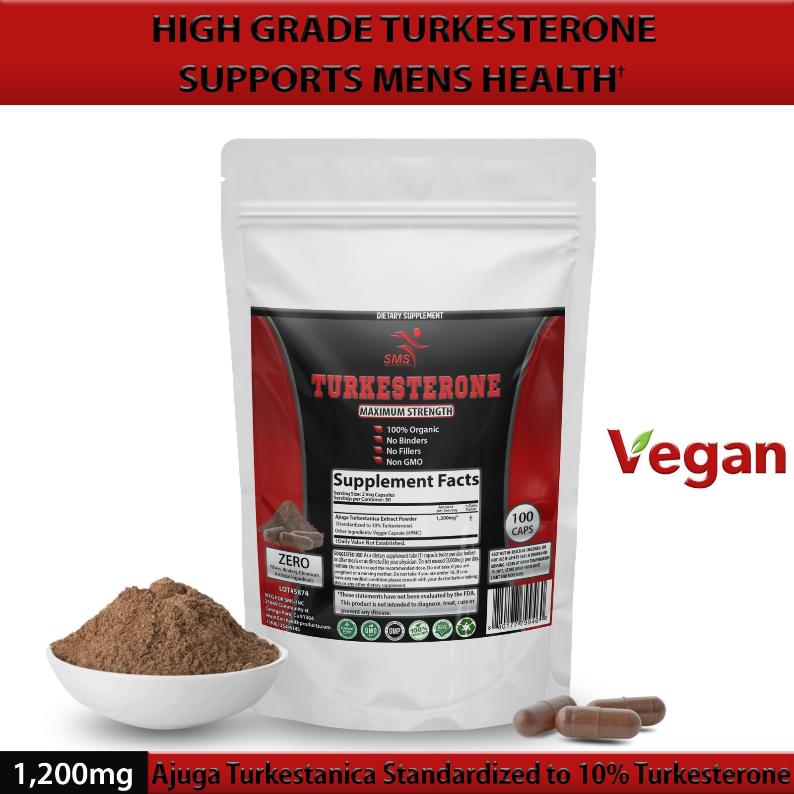 TURKESTERONE 1200mg AKA Ajuga Turkestanica Standardized to 10% 100 Caps By SMS