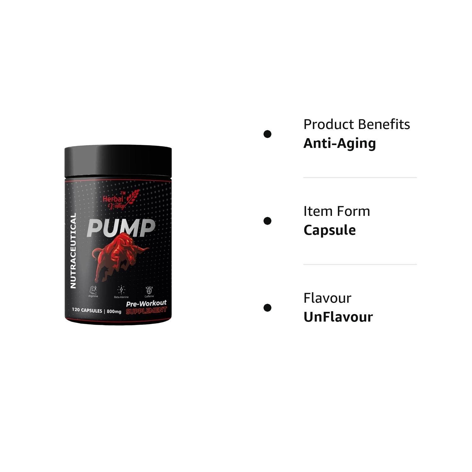 HerbalValley Pump Pre Workout Capsules 120 | 800MG Supplements