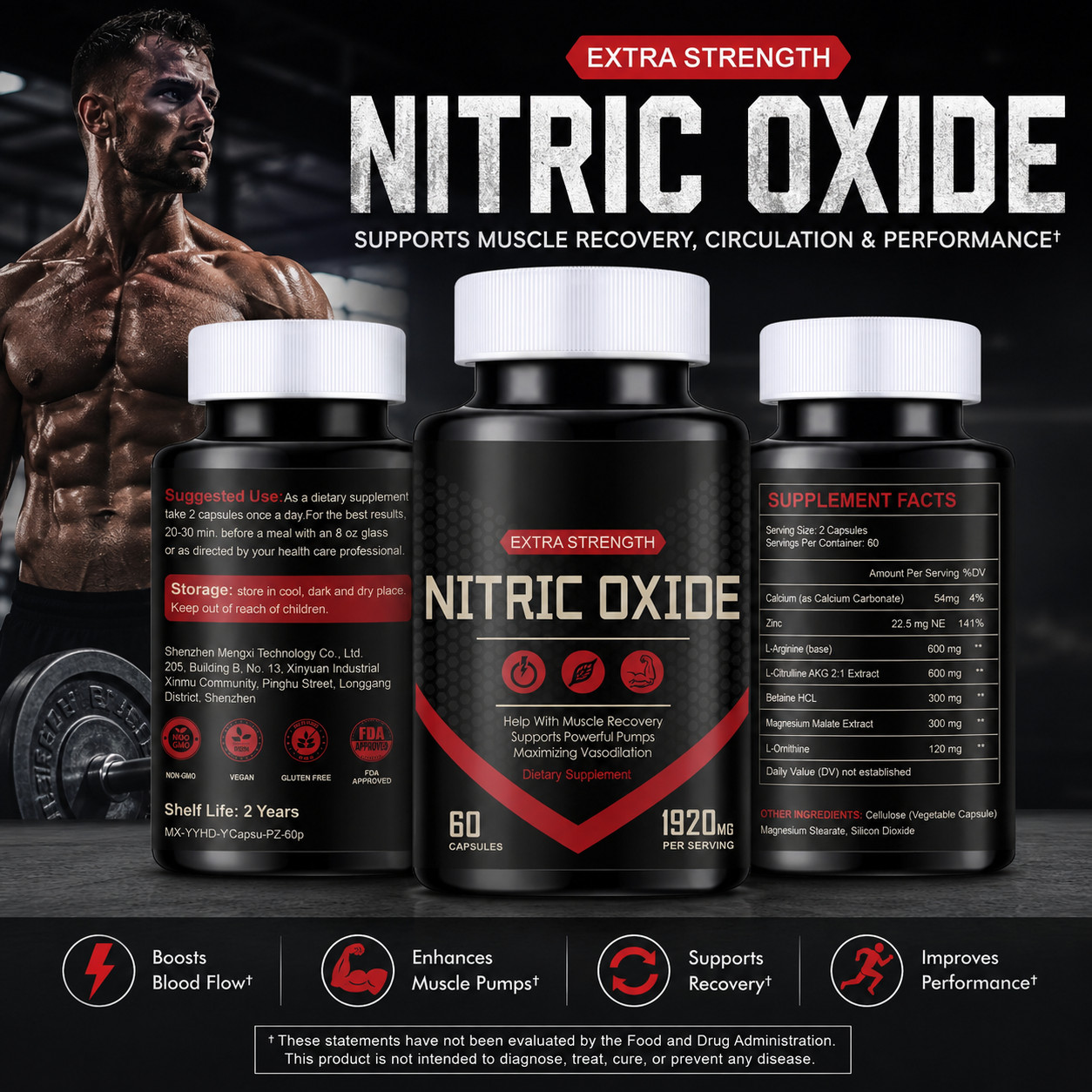 Nitric Oxide L-Arginine Pre Workout+Testosterone Booster,Multivitamin Men’s,Test