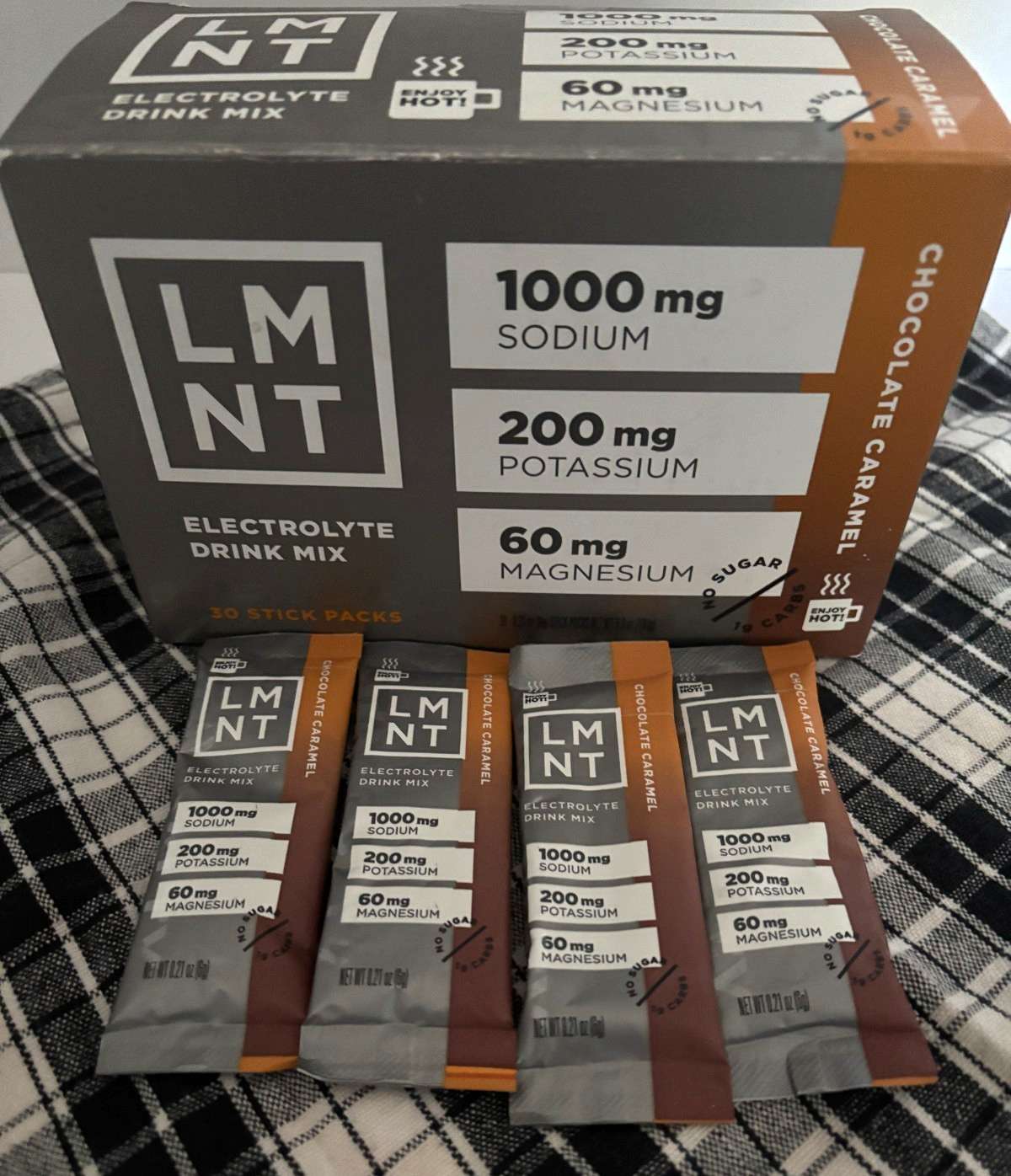 LOT of 3 LMNT ELECTROLYTE Chocolate Caramel HOT COLD Hydration Drink Packet SALT