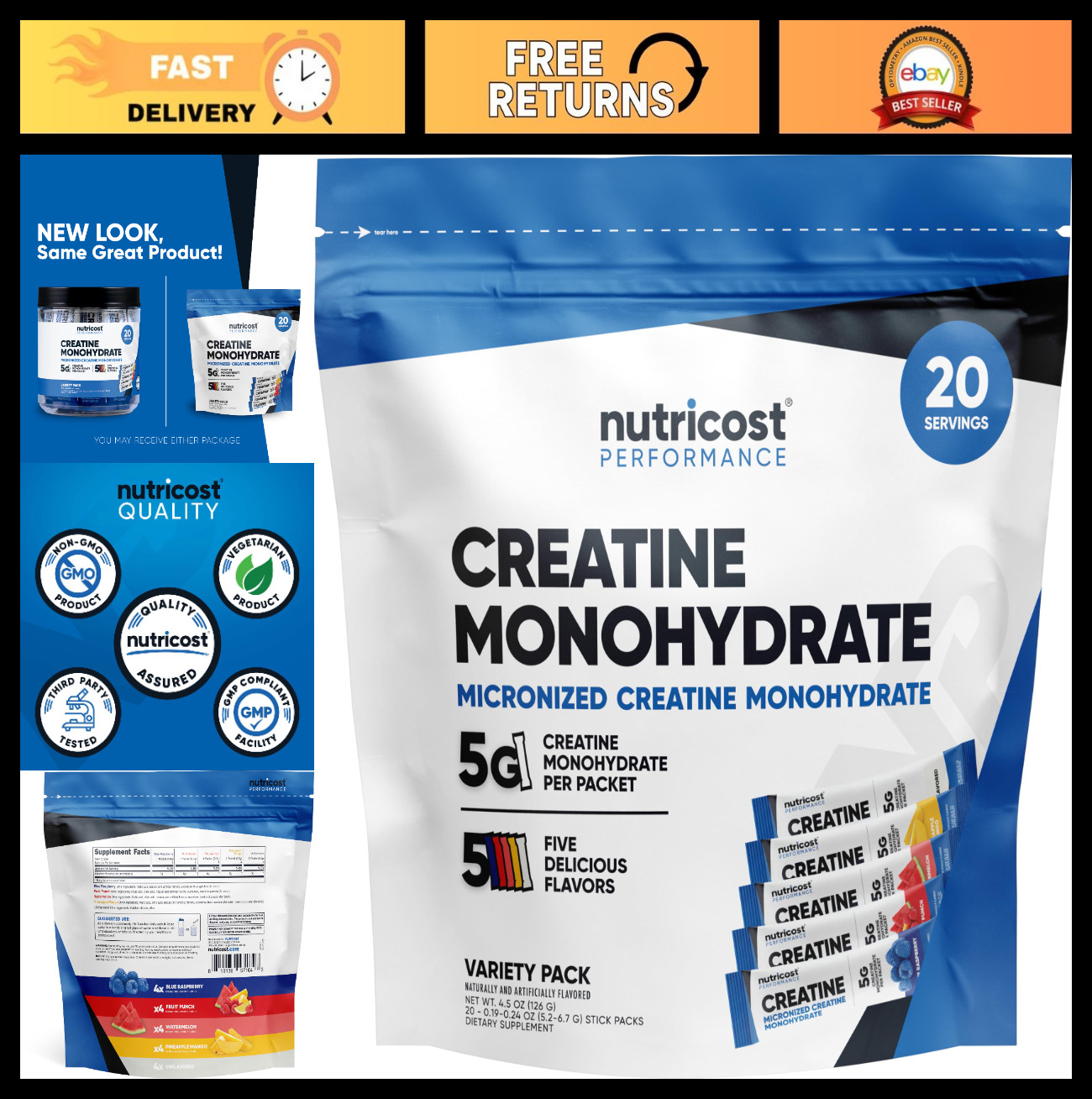 Creatine Monohydrate Powder Stickpacks – 20 Servings, 5 Flavors, Micronized, 5g