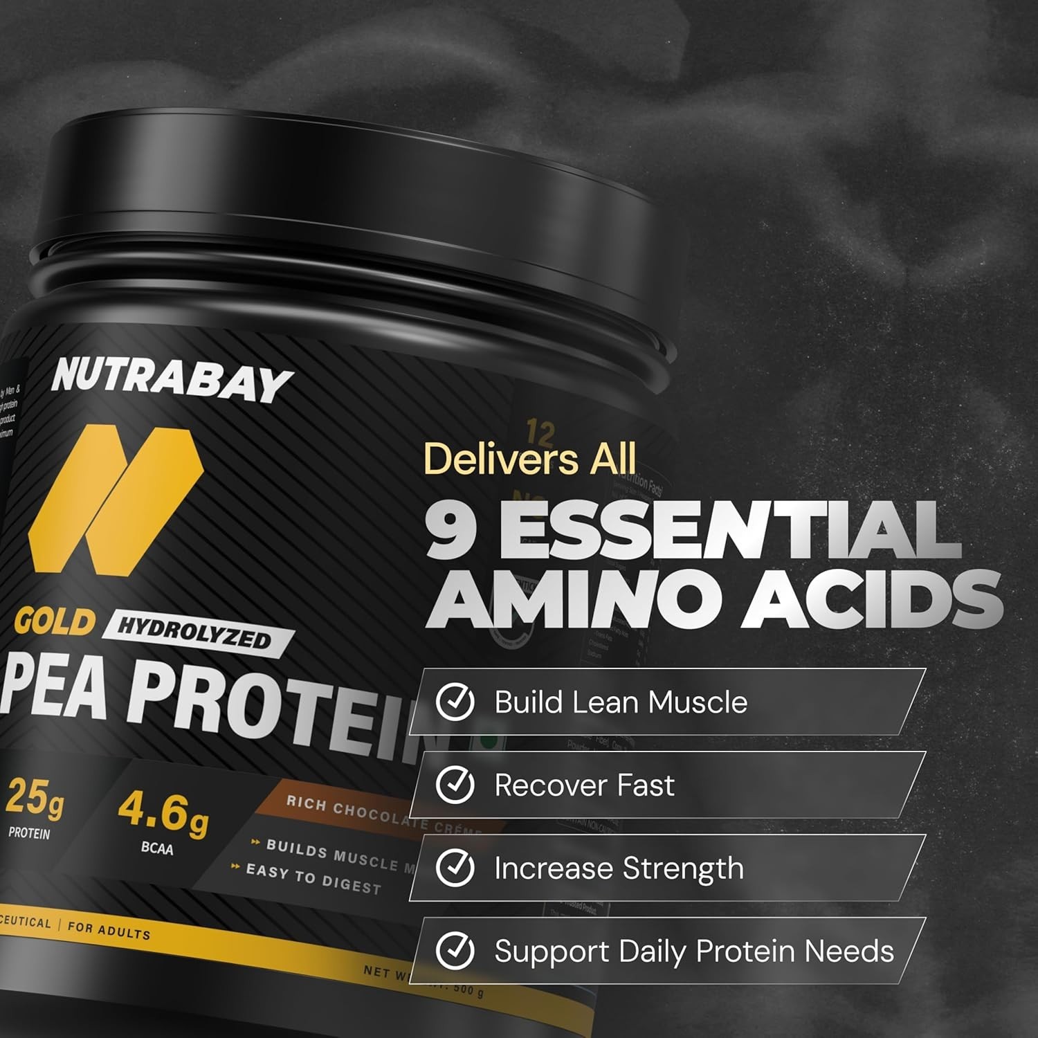Pea Protein Powder 25g Protein, 4.6g BCAA, 5g Fiber | Rich Chocolate, 12 Serving