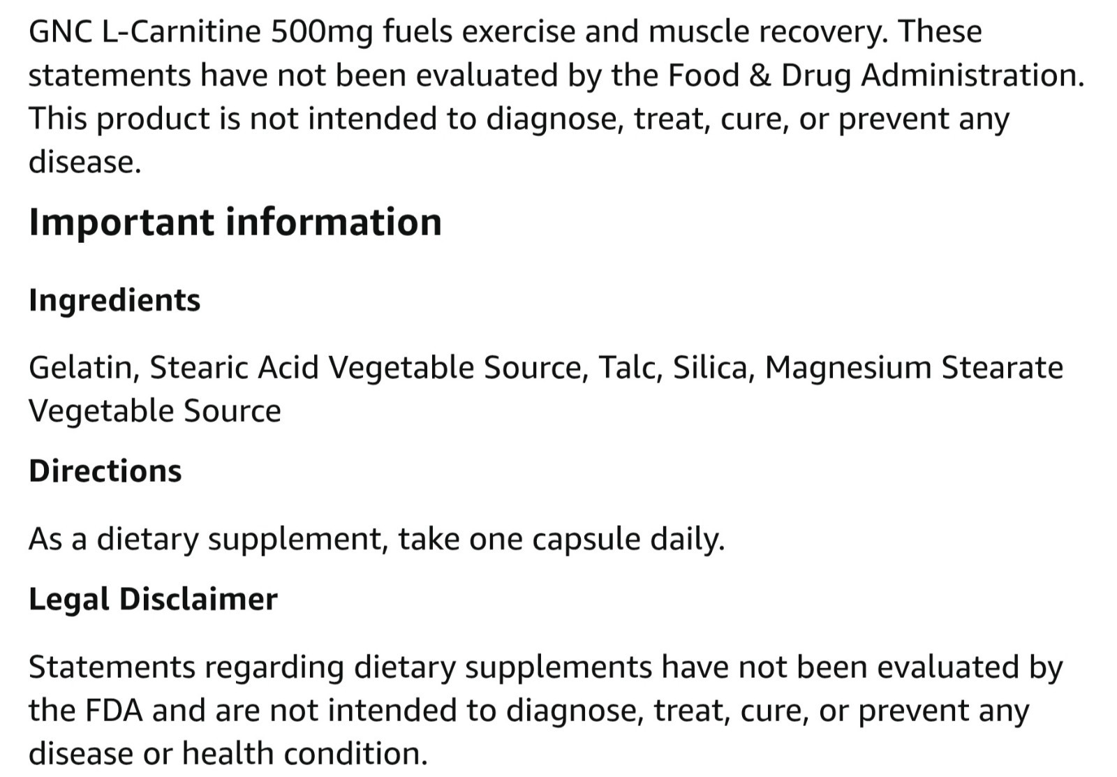 GNC L-CARNINTINE 500 mg 60 Capsules ( 60 Servings ) BEST BY 10/26