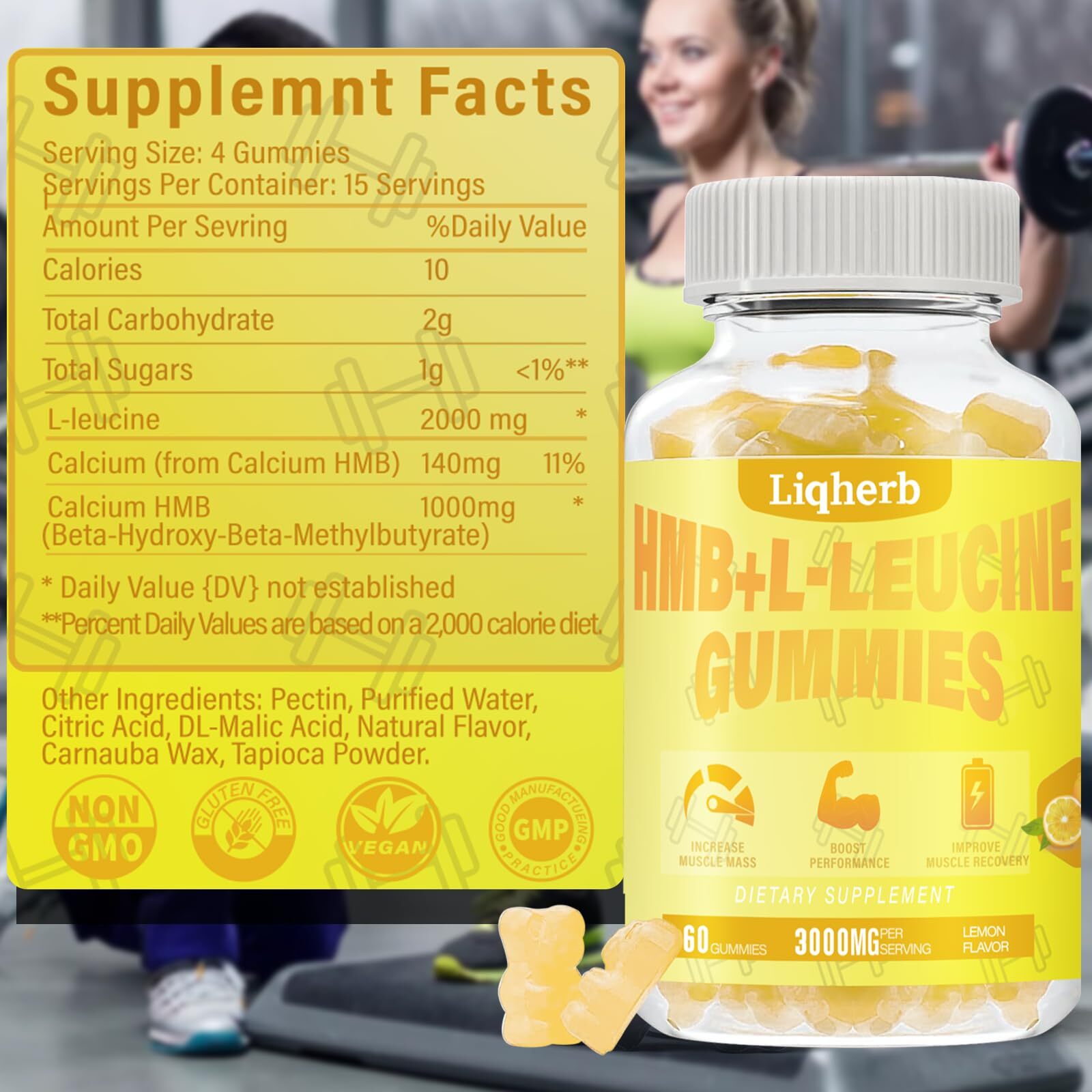 Liqherb HMB L-Leucine Gummies 3000mg Muscle Recovery 120 Ct Vegan Non-GMO